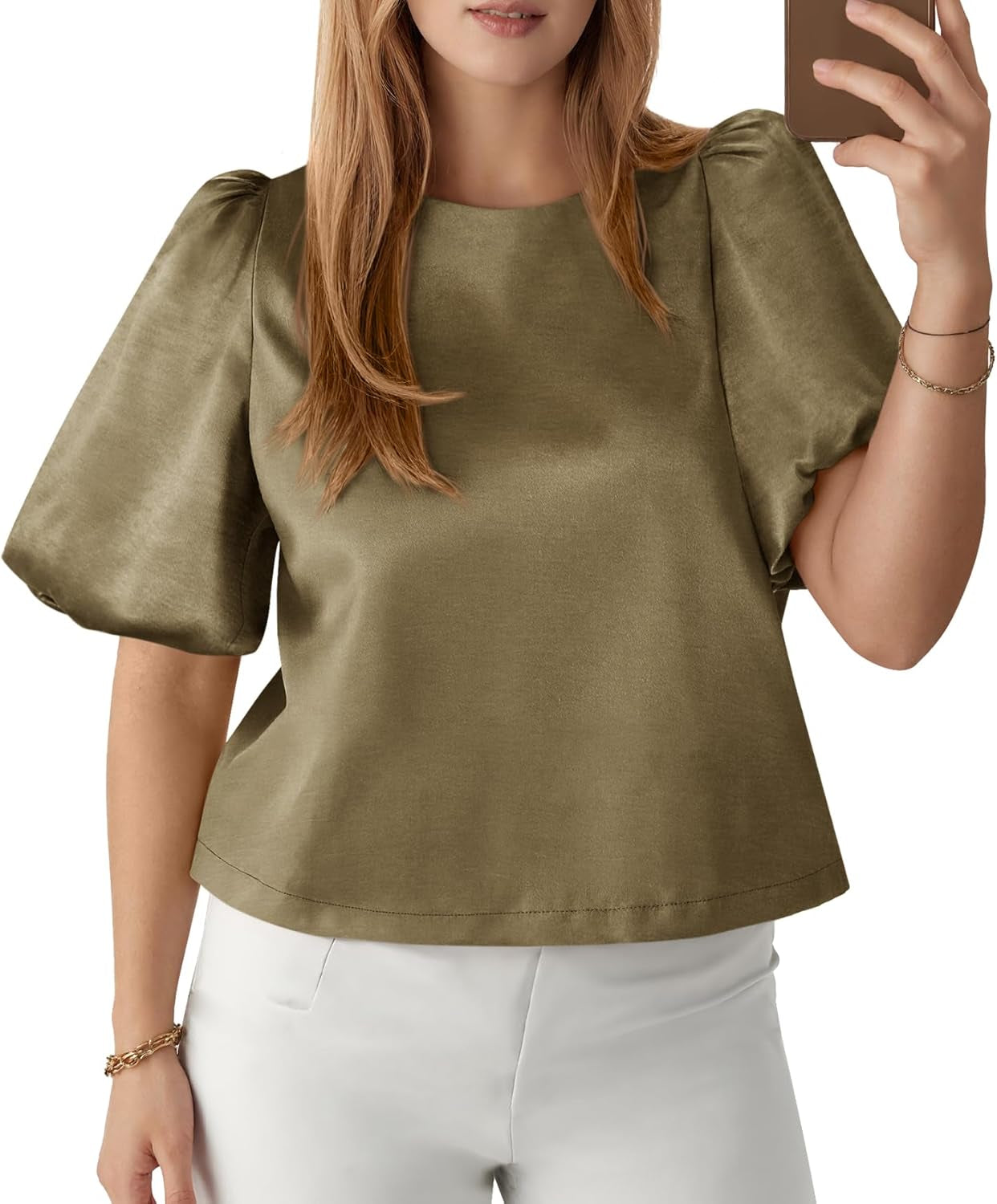 Womens Satin Silk Blouses Puff Short Sleeve Dressy Casual Tops Loose Fit Crew Neck Cropped Shirts
