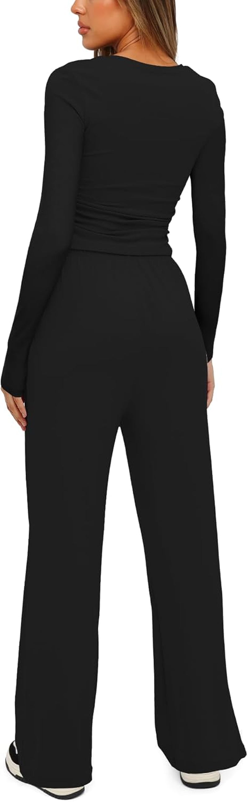 Women'S 2 Piece Outfits Lounge Sets 2026 Long Sleeve Tops Wide Leg Pants Casual Matching Set