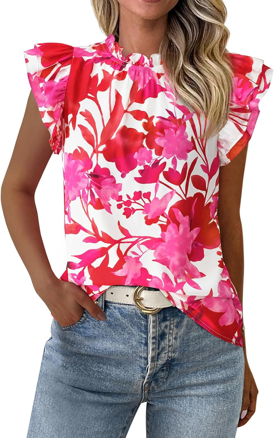 Women'S Ruffle Short Sleeve Summer Tops 2025 Trendy Floral Trim Neck Casual Dressy Chiffon Boho Blouses Shirts