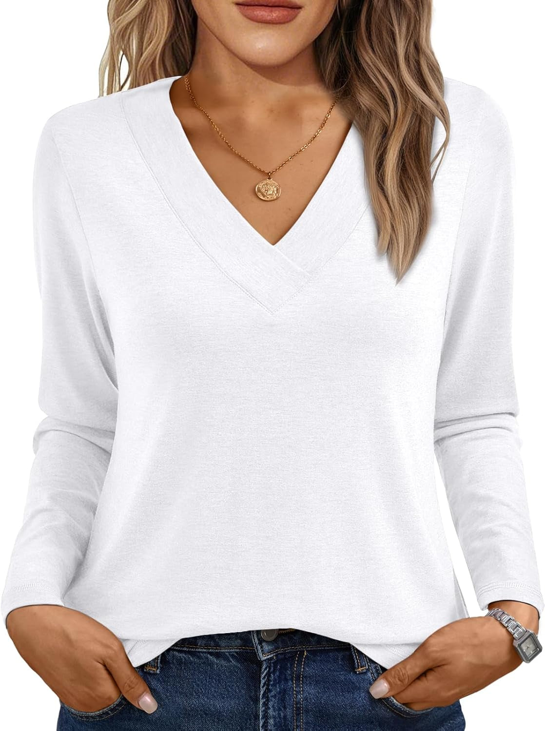 Long Sleeve Shirts for Women Tops V Neck Casual Top Comfortable Shirt Soft Basic Tees Women Blouses
