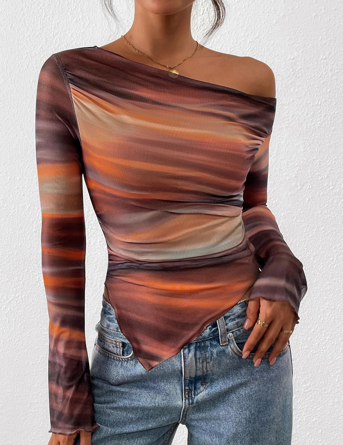 Womens Fall Trendy off Shoulder Y2K Tops 2026 Tie Dye Mesh Long Sleeve Shirts Asymmetrical Ruched Floral Blouse
