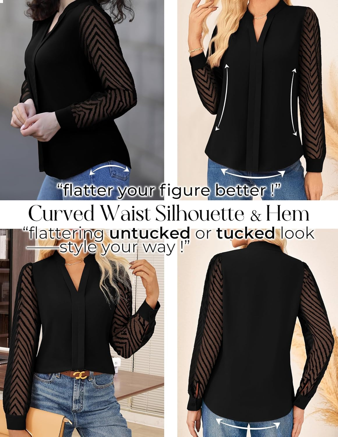 Women Business Casual Tops Sheer Lace Long Sleeve Blouses Work Office Pleated V Neck Shirt Fall Formal Outfits