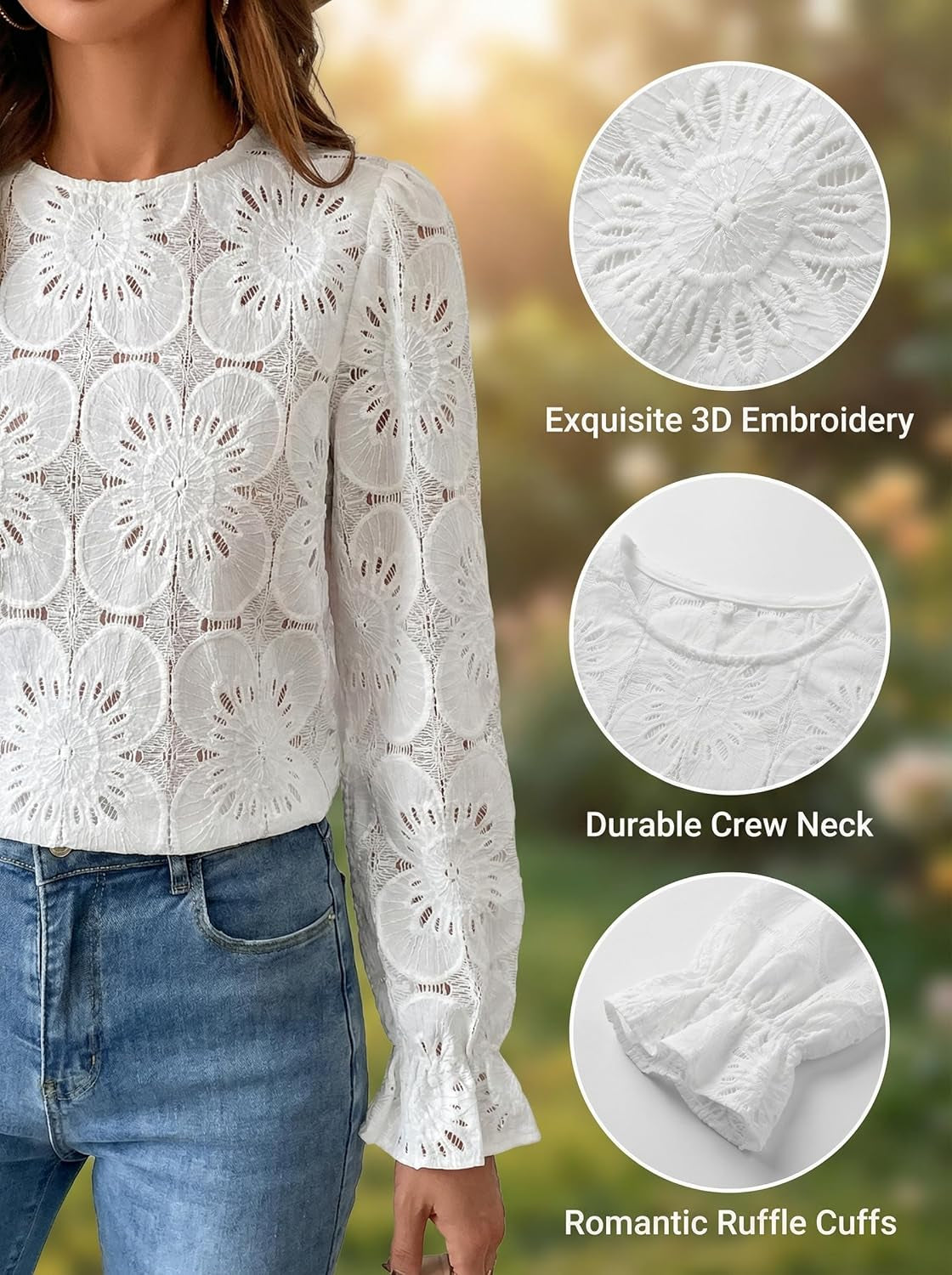 Women Eyelet Long Sleeve Tops Shirts Dressy Hollow Out Crochet Lace Embroidered Blouses 2025 Fashion