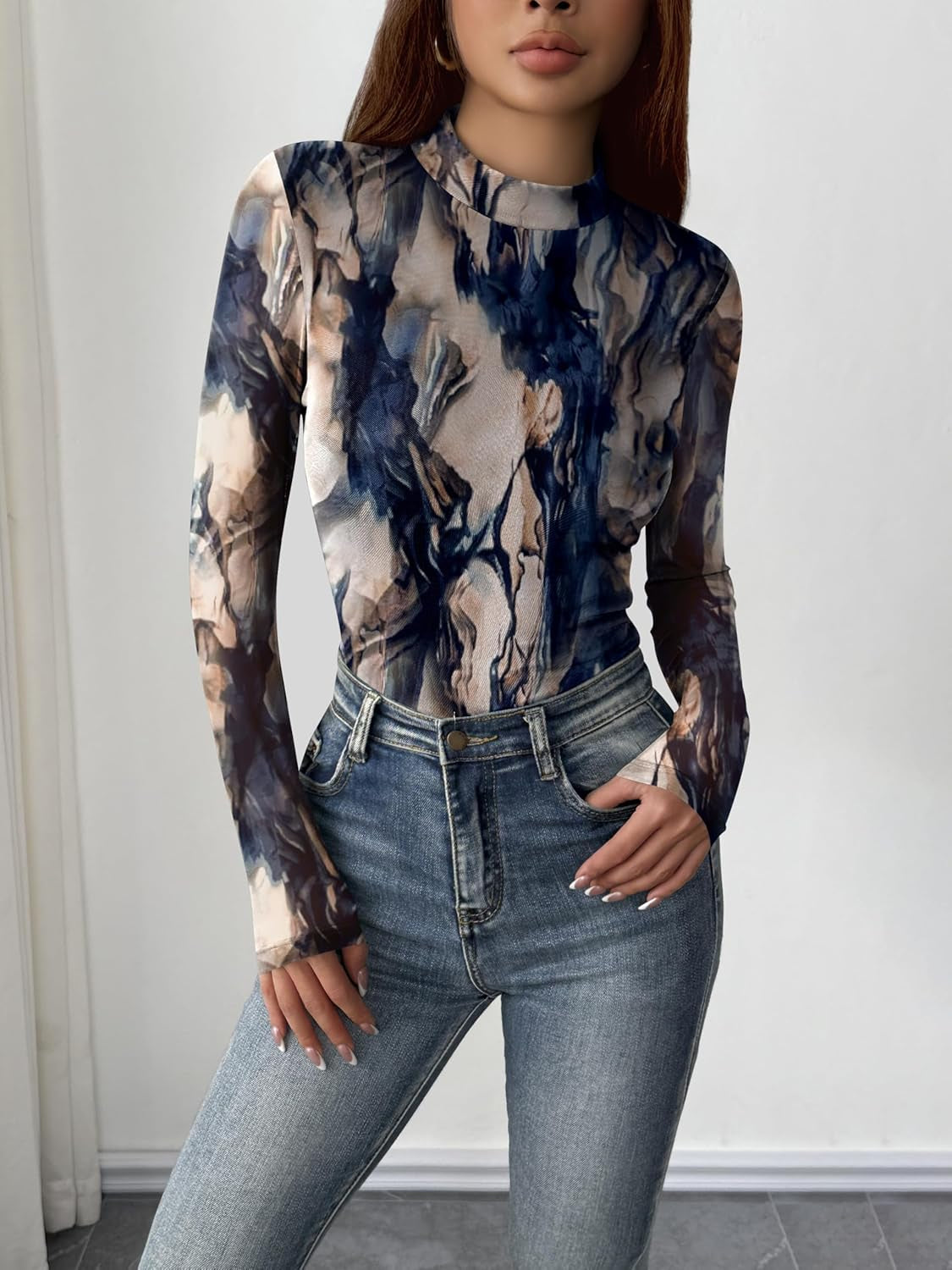 Womens Floral Mesh Long Sleeve Tops See through Going Out Blouses Mock Neck Sheer Party Outfits Shirts S-XXL