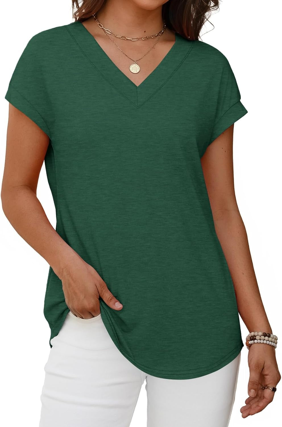 Womens T Shirts V Neck Cap Sleeve Summer Tops Basic Women Blouses Beach Vacation Spring Clothes