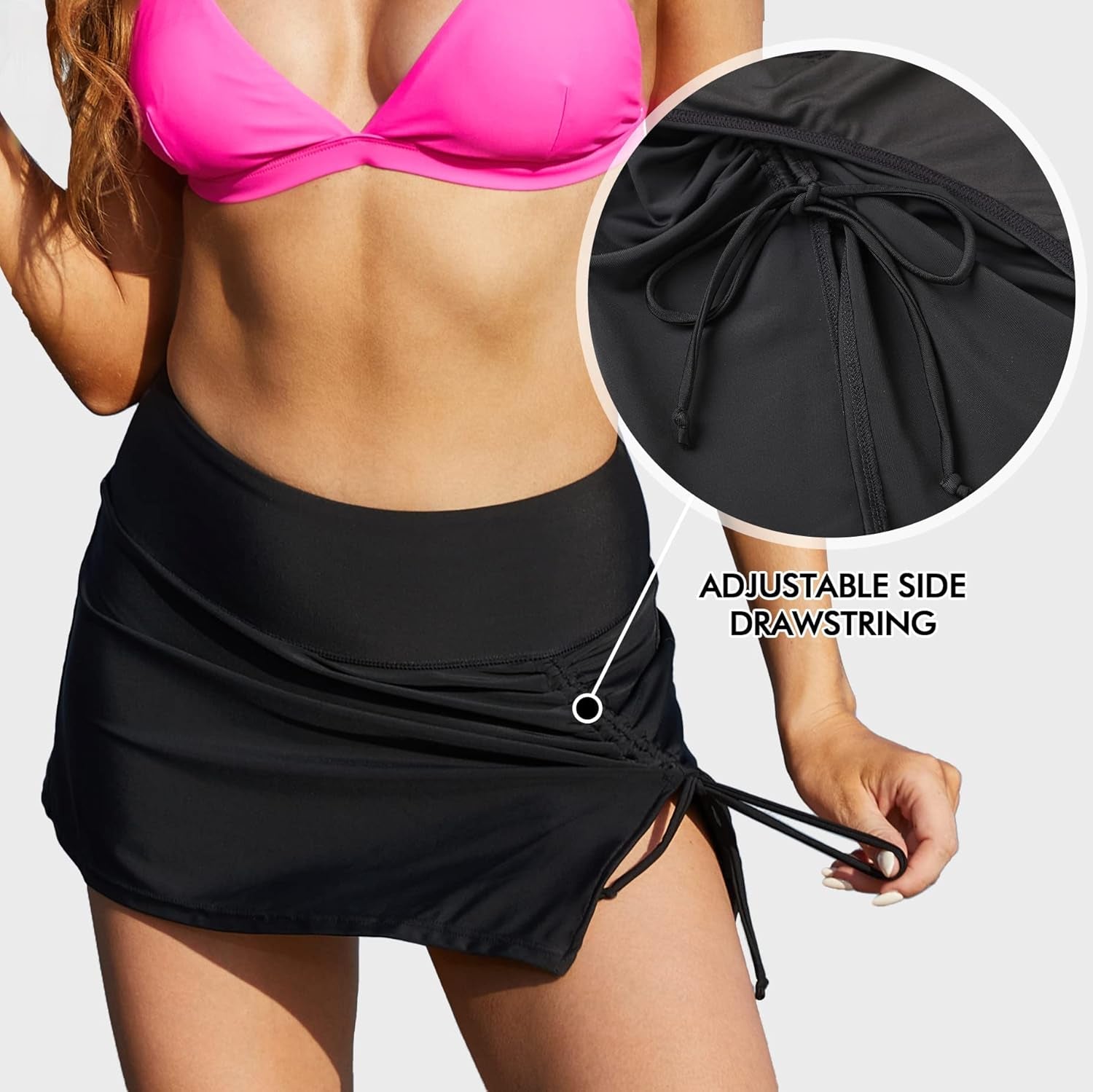 Womens High Waisted Split Swim Skirt Sporty Drawstring Skirted Swim Bottom with Built-In Panty