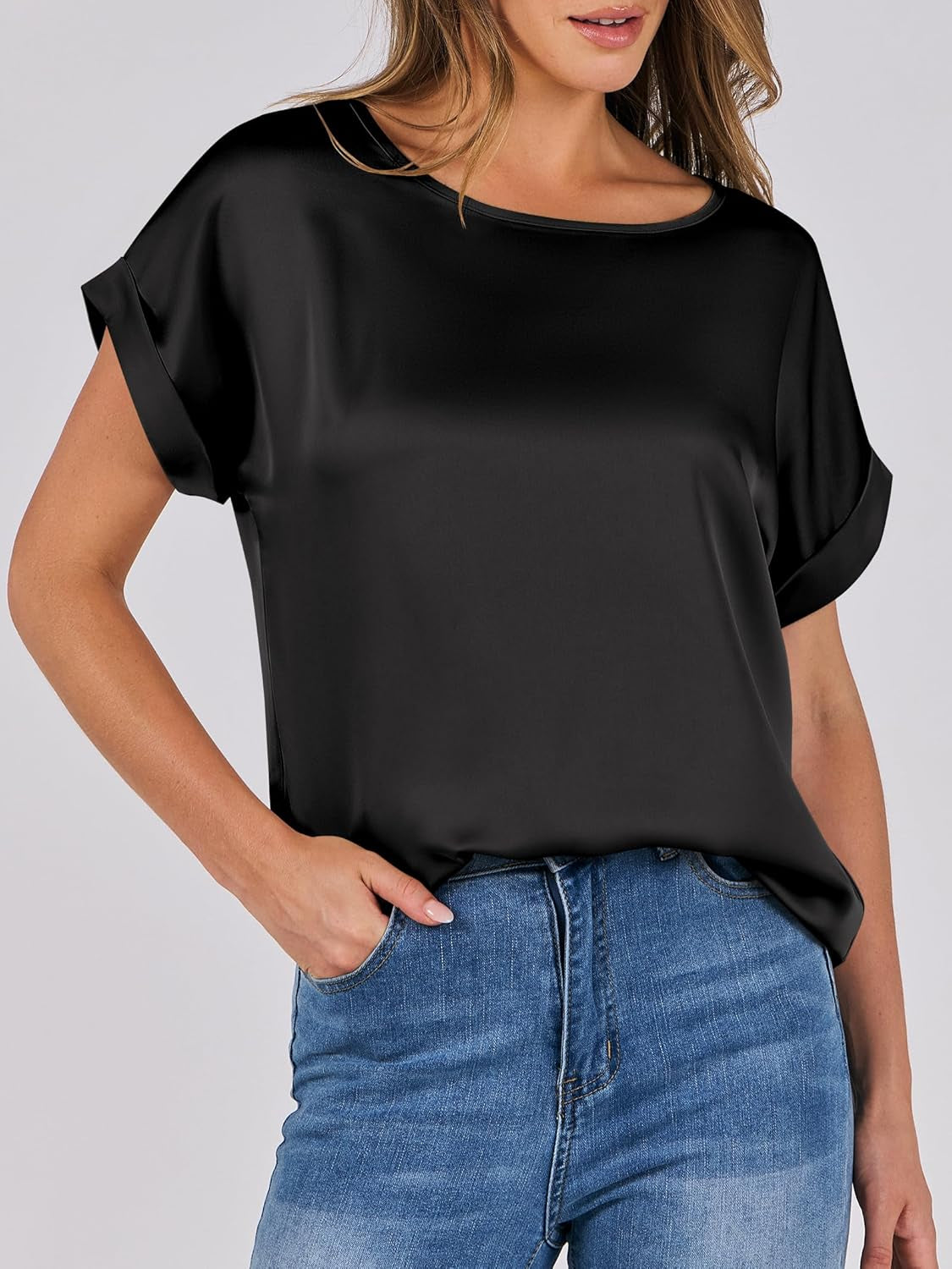 Women'S Summer Dressy Casual Short Sleeve Shirts Crewneck Satin 2025 Business Office Work Blouse Tops