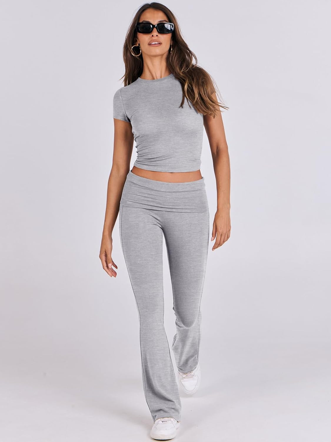 Lounge Sets for Women 2 Piece Foldover Yoga Flare Leggings Pants Crop Tops Casual Y2K Outfits Matching Tracksuit Set