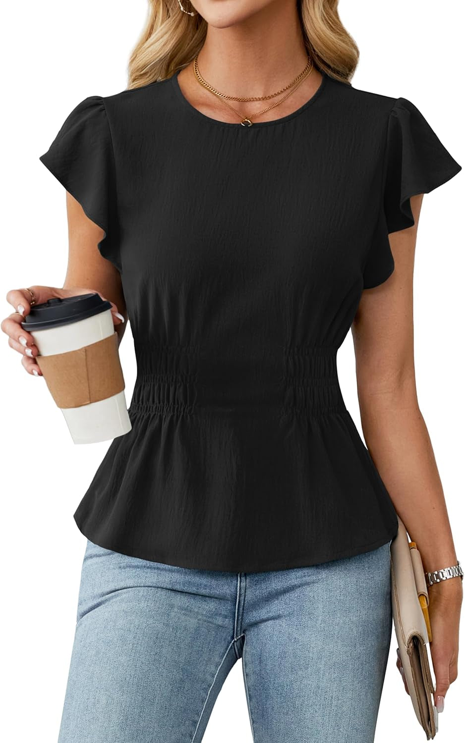 Women'S Dressy Casual Blouses Business Ruffle Short Sleeve Tops Summer Crew Neck Smocked Shirts