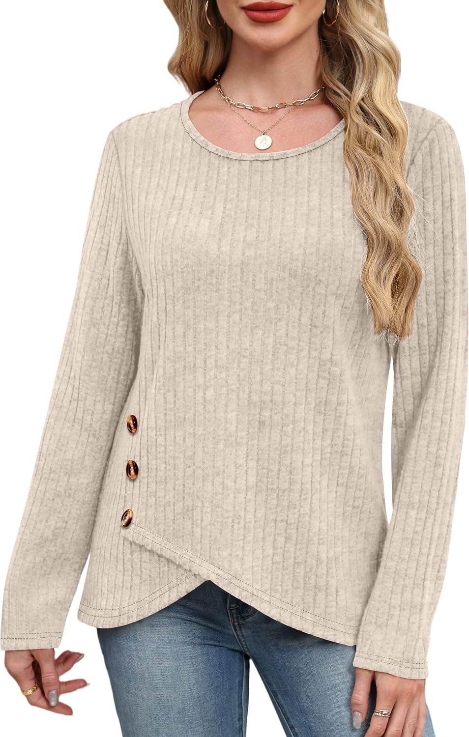 Tunic Sweaters for Women Long Sleeve Shirts Crew Neck Tops with Buttons Fall Fashion Outfits Winter Clothing