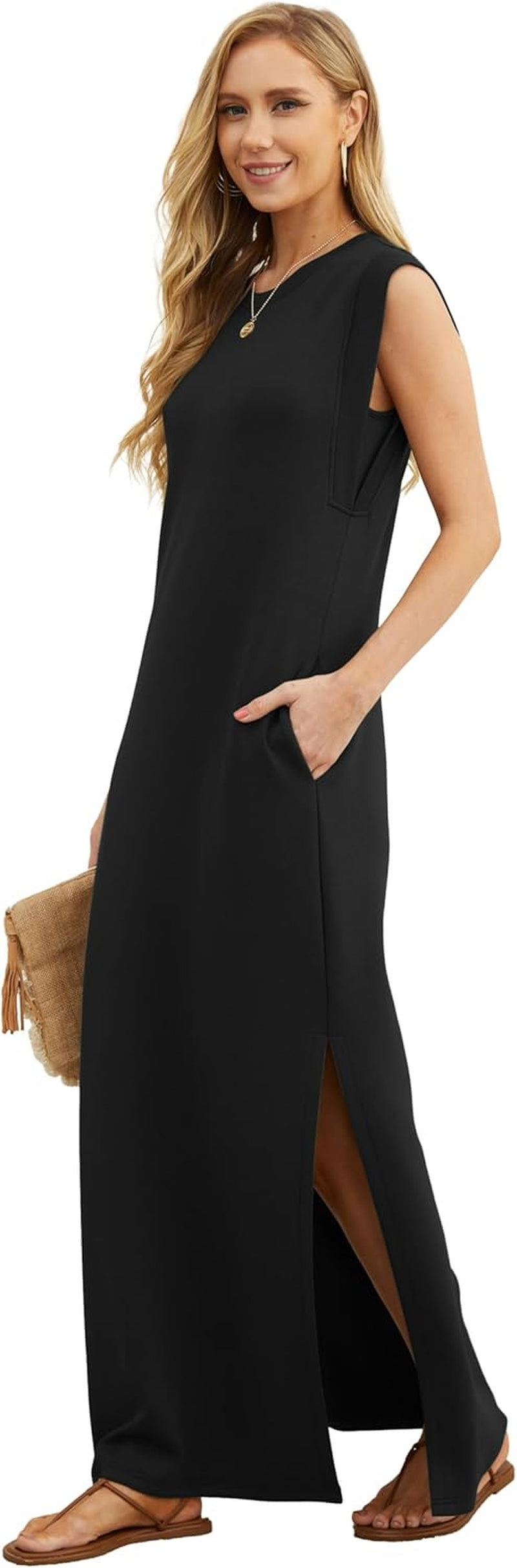 2026 Women Year-Round Casual round Neck Loose Split Wrinkle-Free Long Maxi Vacation Dress with Pockets (XXS-4XL)