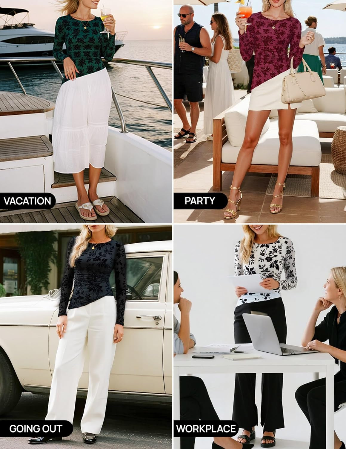 Womens Floral Long Sleeve Shirts 2026 Fall Boat Neck Mesh Ruched Tops Fitted Asymmetrical Going Out Blouses