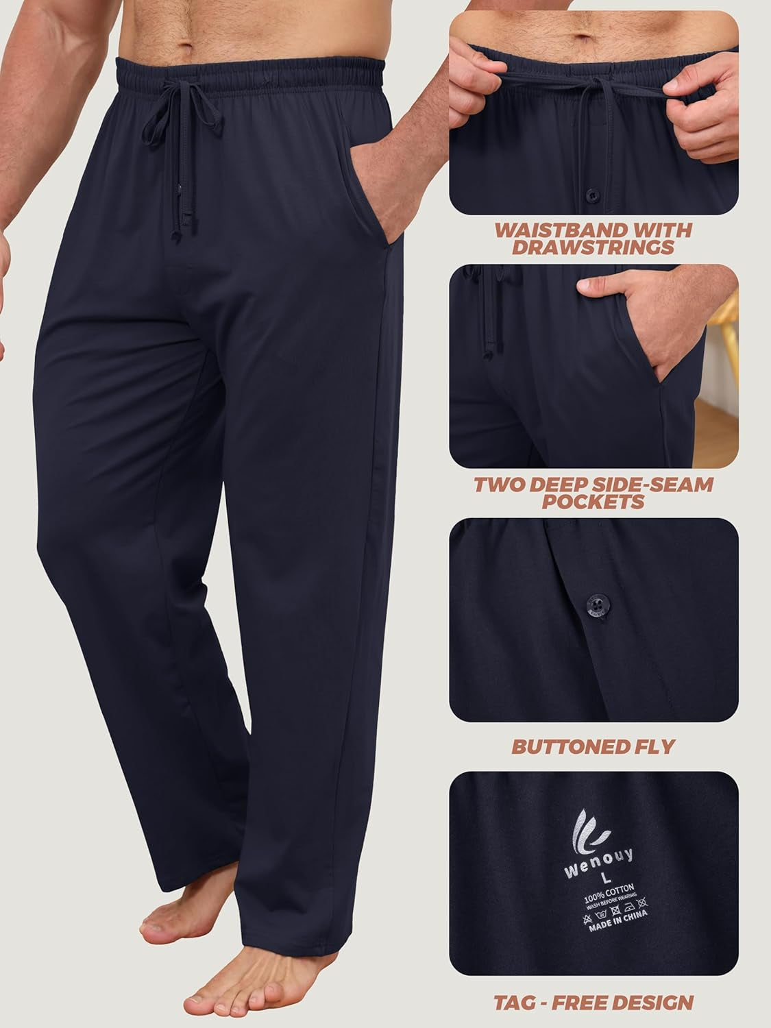 3 Pack Men'S Cotton Pajama Pants Soft Pjs Lounge Bottoms with Pockets & Elastic Waist Sleepwear for Men