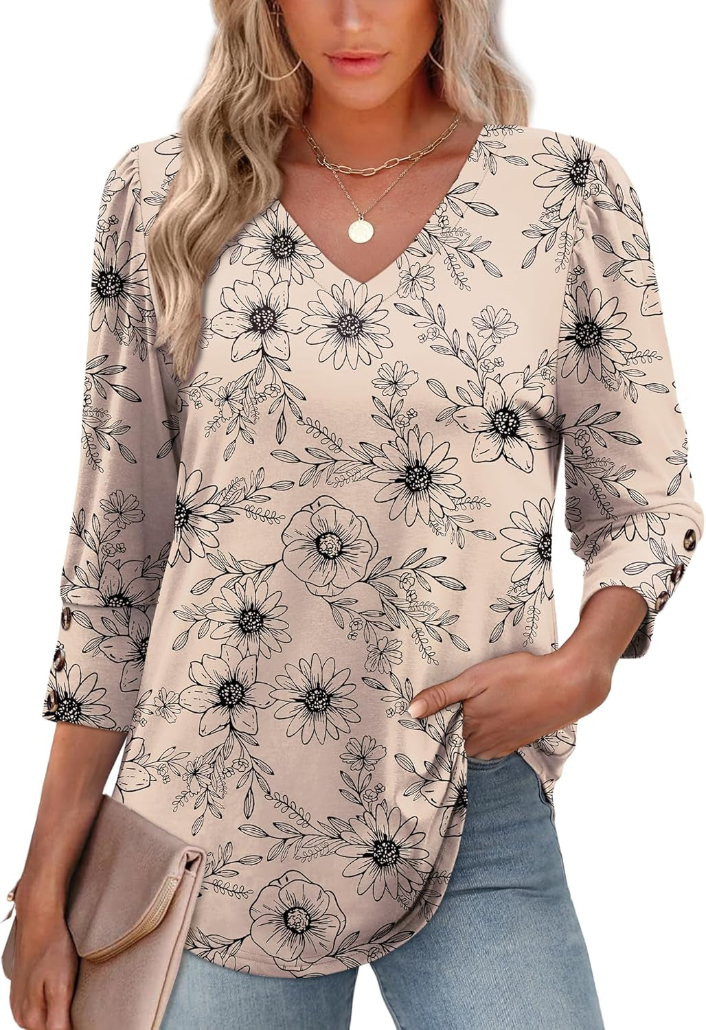 Womens 3/4 Sleeve Tops with Buttons V-Neck Summer Outfits Casual Blouses Shirts Beach Vacation Fall Clothes 2025