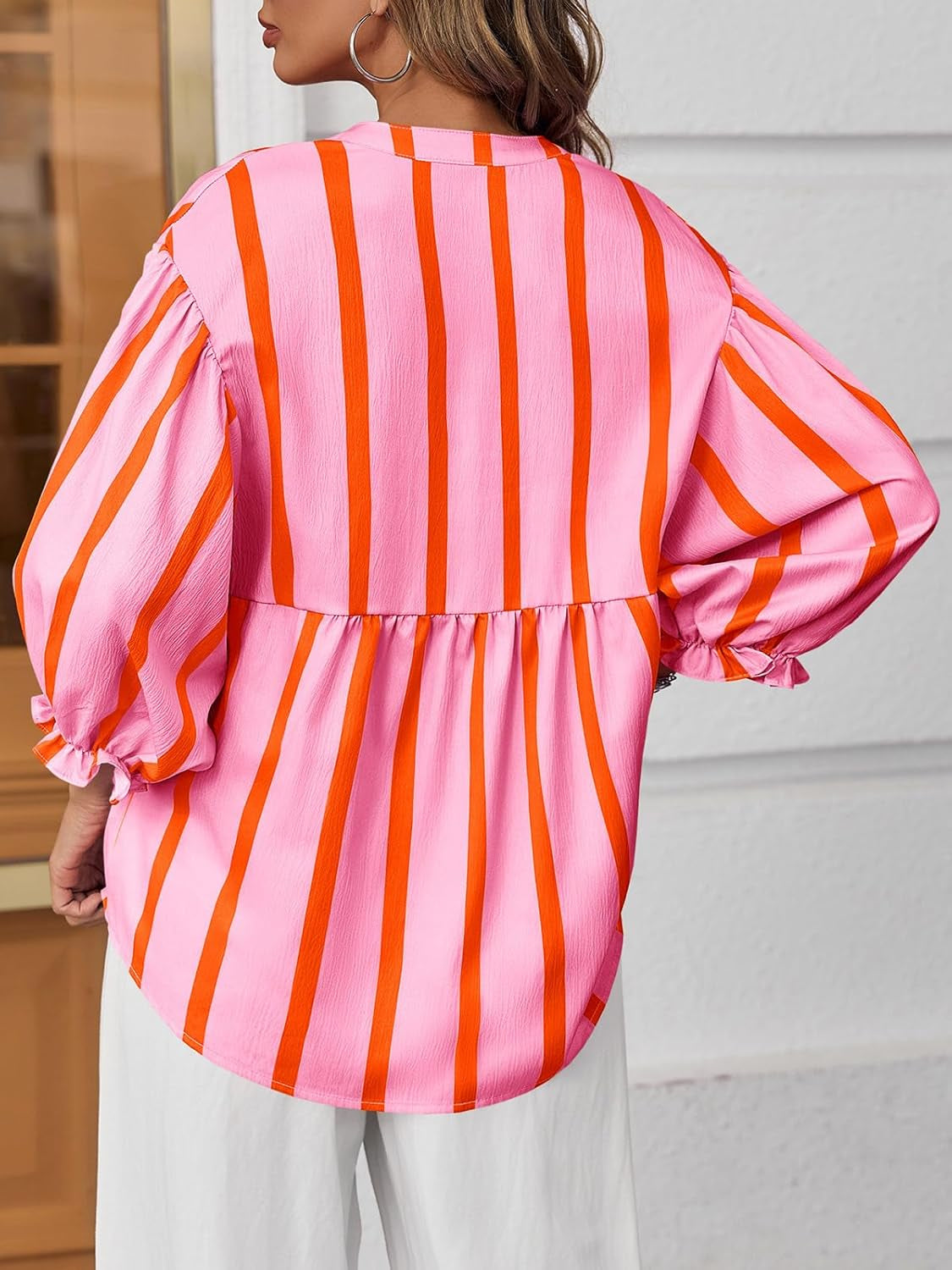 Womens Puff Sleeve Babydoll Tops Summer V Neck Striped Blouse Cute Casual Loose Fit Flowy Shirts