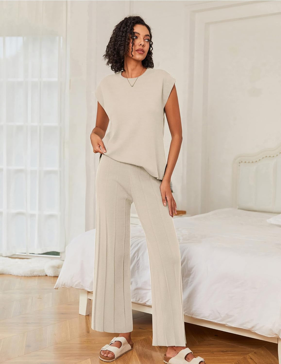 Lounge Sets for Women Two Piece Outfits Knit Cap Sleeve Tops Wide Leg Pleated Pants Casual Dressy Sweater Sets