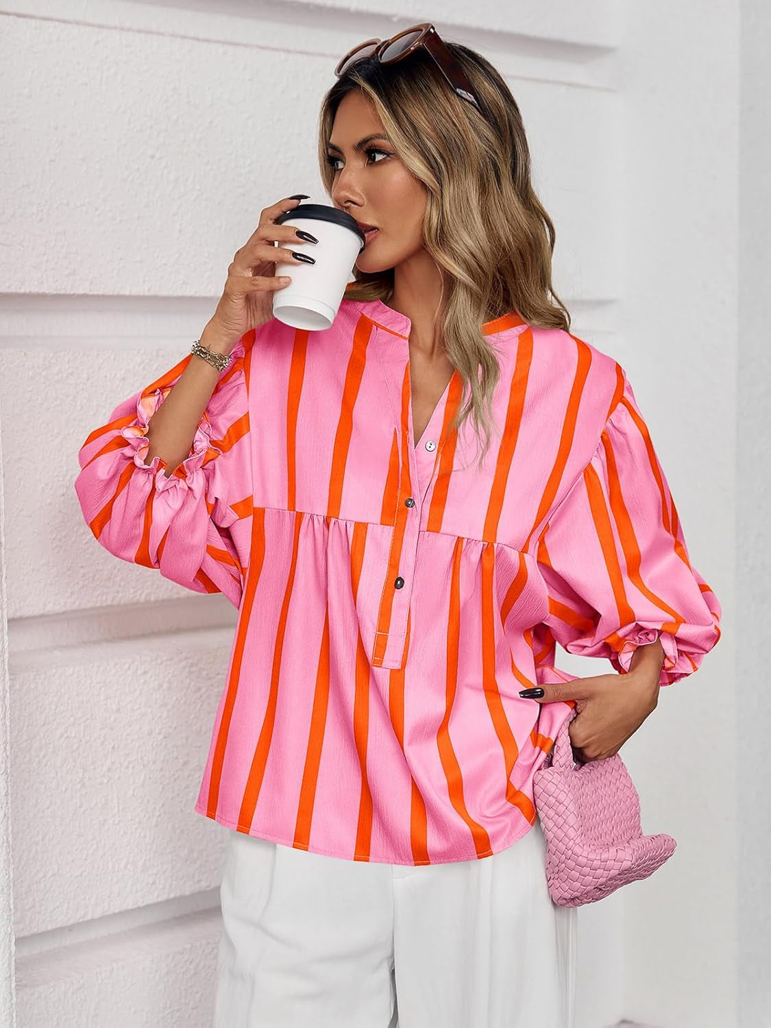 Womens Puff Sleeve Babydoll Tops Summer V Neck Striped Blouse Cute Casual Loose Fit Flowy Shirts