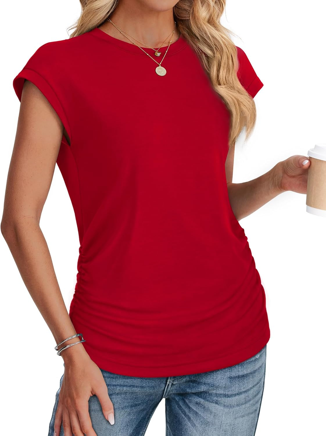 Womens Summer Tops Trendy 2025 Ruched Cap Short Sleeve Tshirts Shirts Crew Neck T Shirts Fashion
