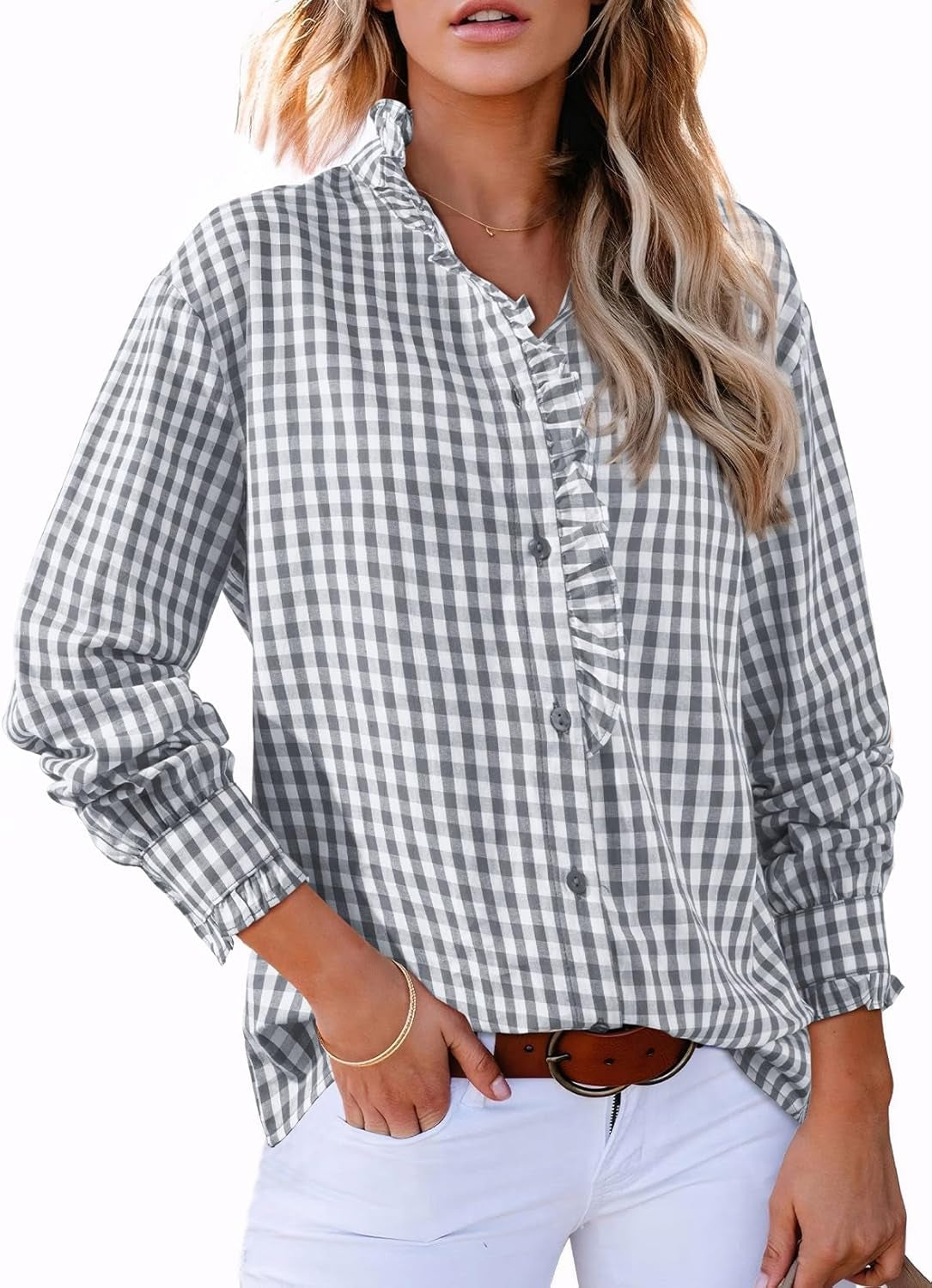 Womens Plaid Ruffle V Neck Button down Blouse Casual Long Sleeve Gingham Trendy Tops Work Checkered Shirt