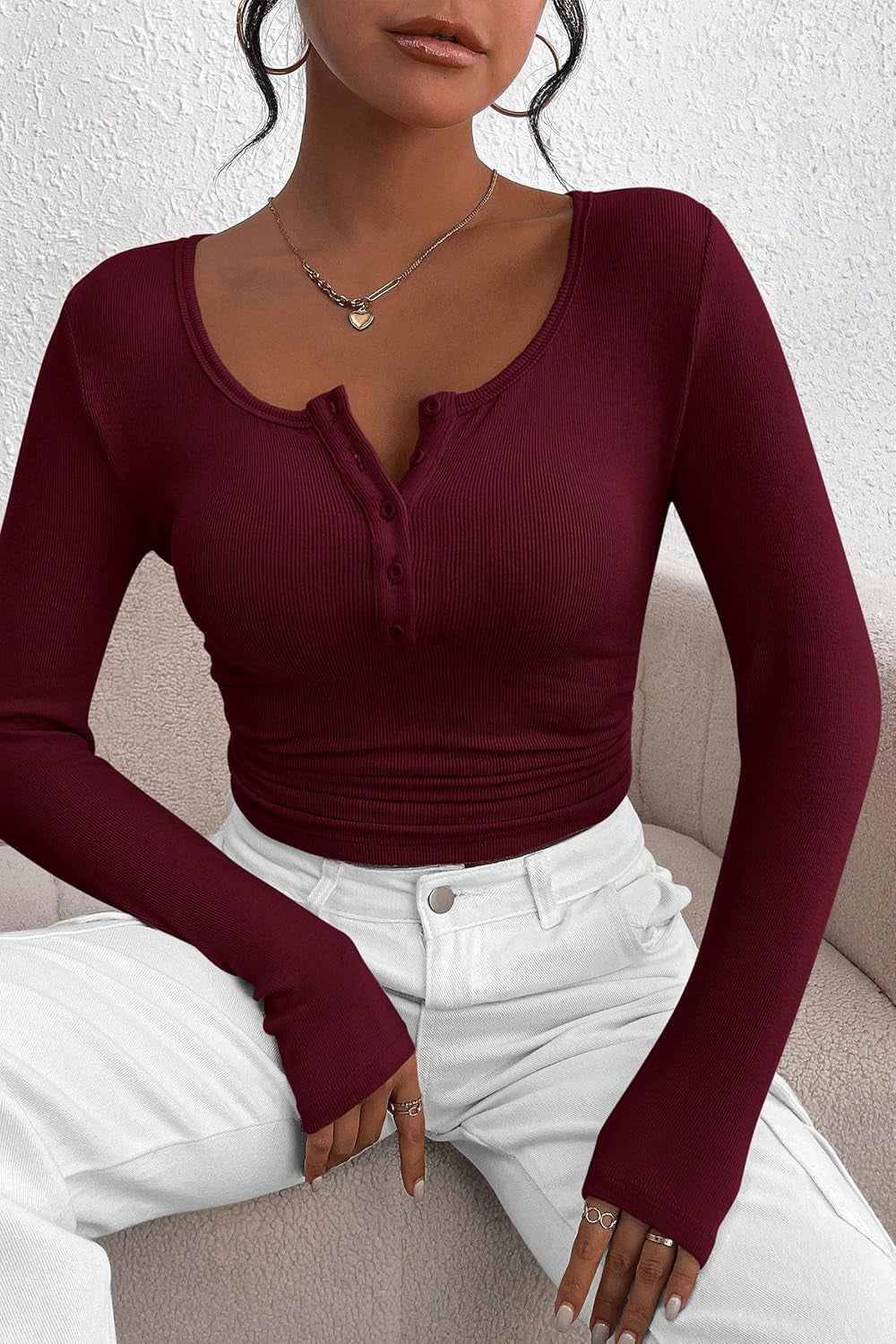 Women'S 2026 Fall Long Sleeve Henley T Shirts Button Ribbed Knit Slim Fit Basic Tops Blouse Casual Outfits