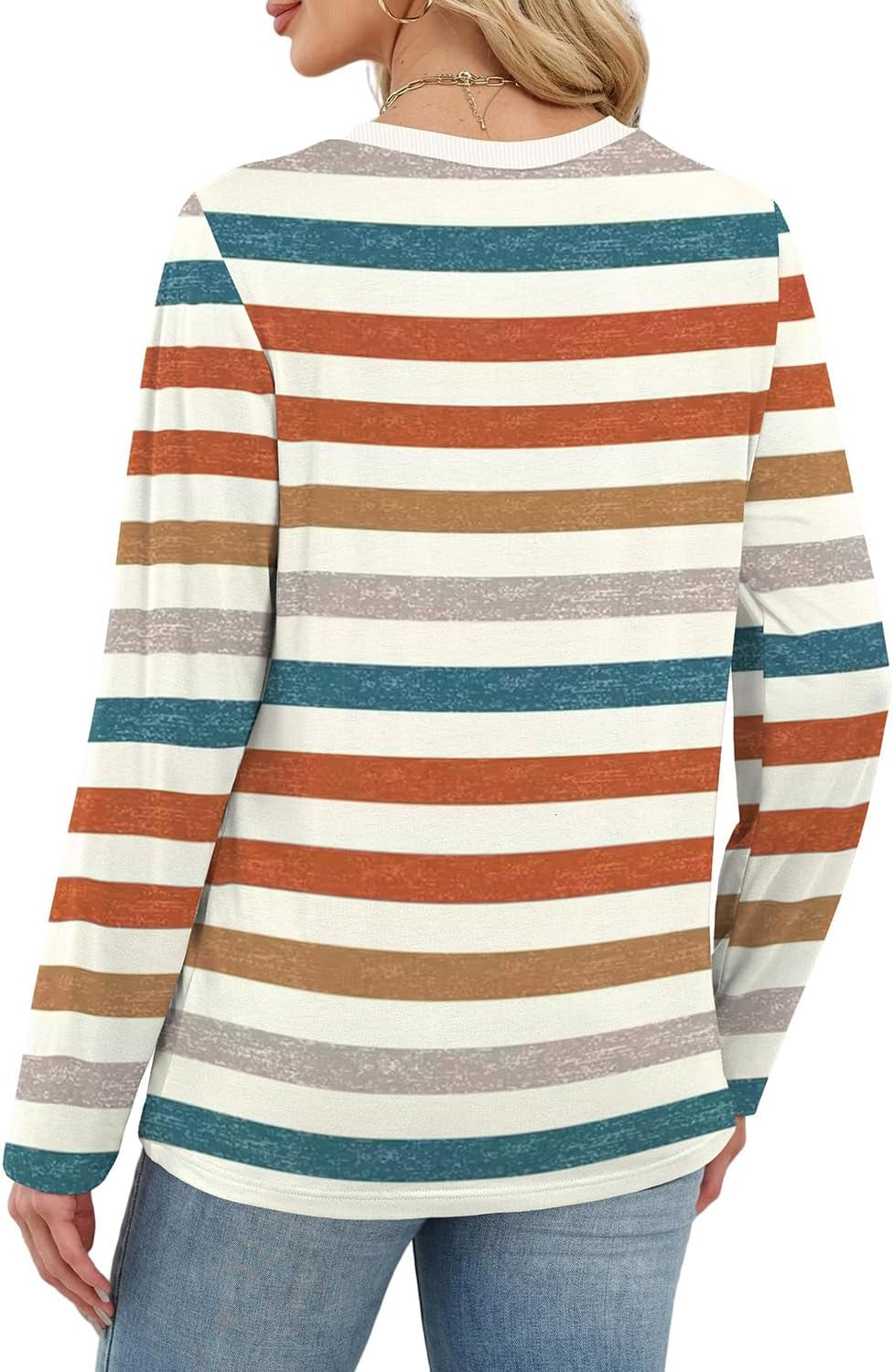 Womens Striped Long Sleeve Shirts Fall Outfits 2025 Color Block Tops Fashion Clothing Ribbed Crewneck Tee Blouses