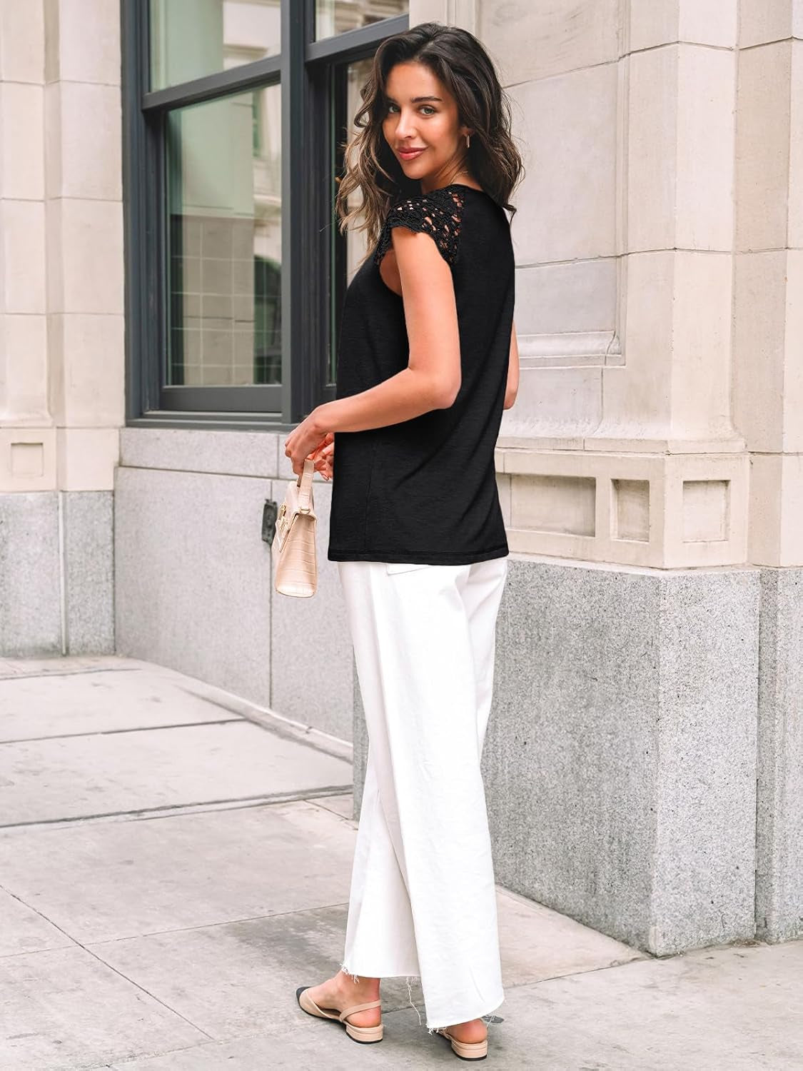 Womens Lace Tops Pleated Short Sleeve Shirts Summer Business Casual Dressy Blouses