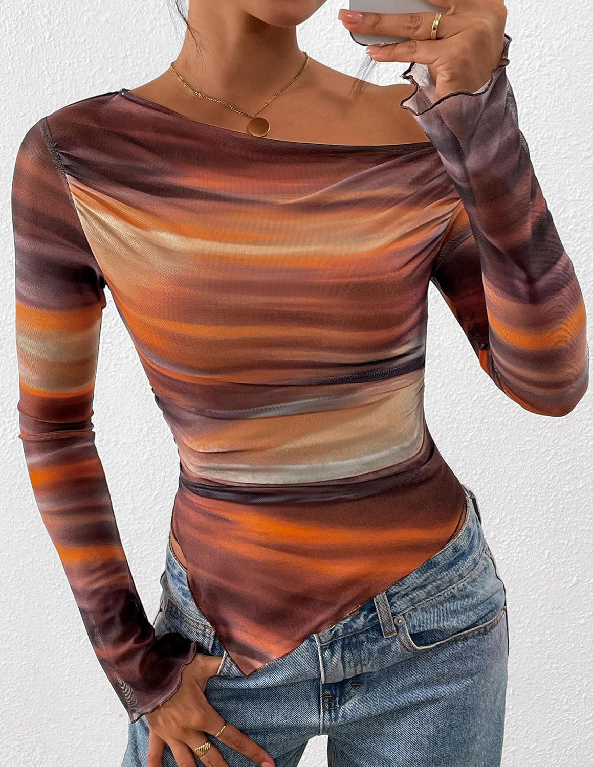 Womens Fall Trendy off Shoulder Y2K Tops 2026 Tie Dye Mesh Long Sleeve Shirts Asymmetrical Ruched Floral Blouse