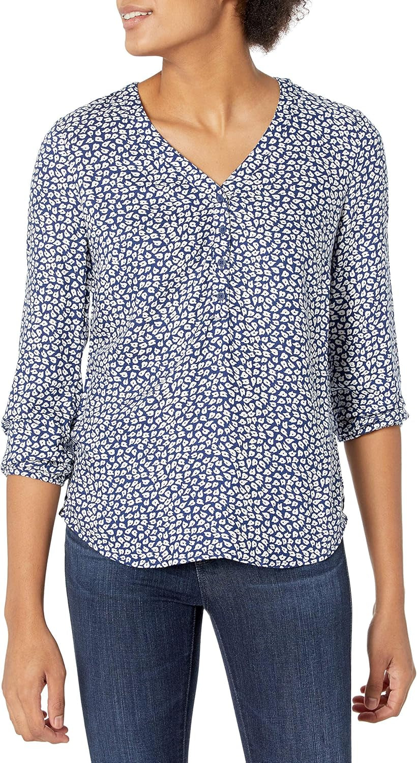 Womens 3/4 Sleeve Button Popover Shirt, Loose-Fit V-Neck Blouse