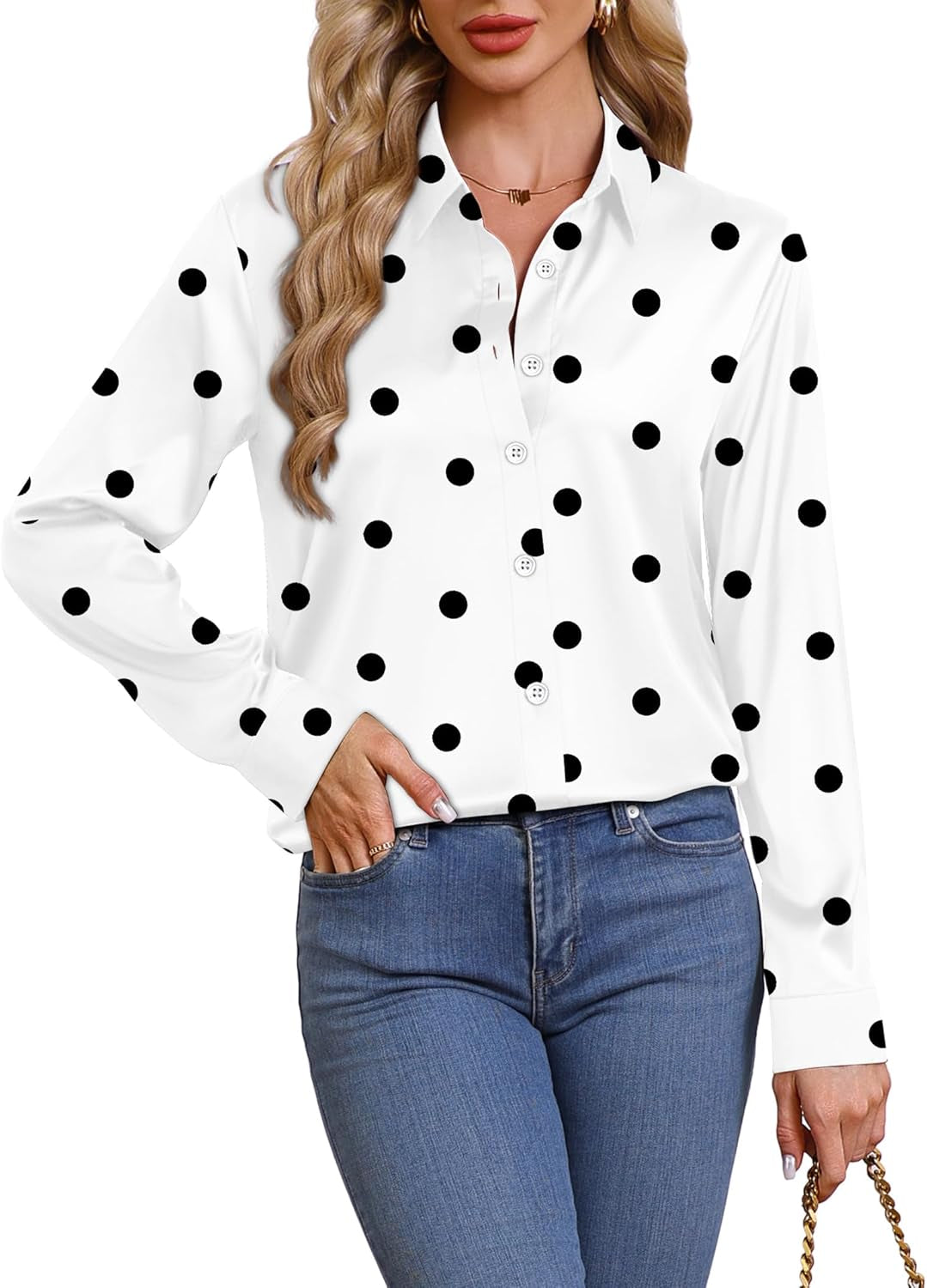 Womens Button down Shirts Long Sleeve Tops Silk Satin Blouses Business Casual Fashion Outfit