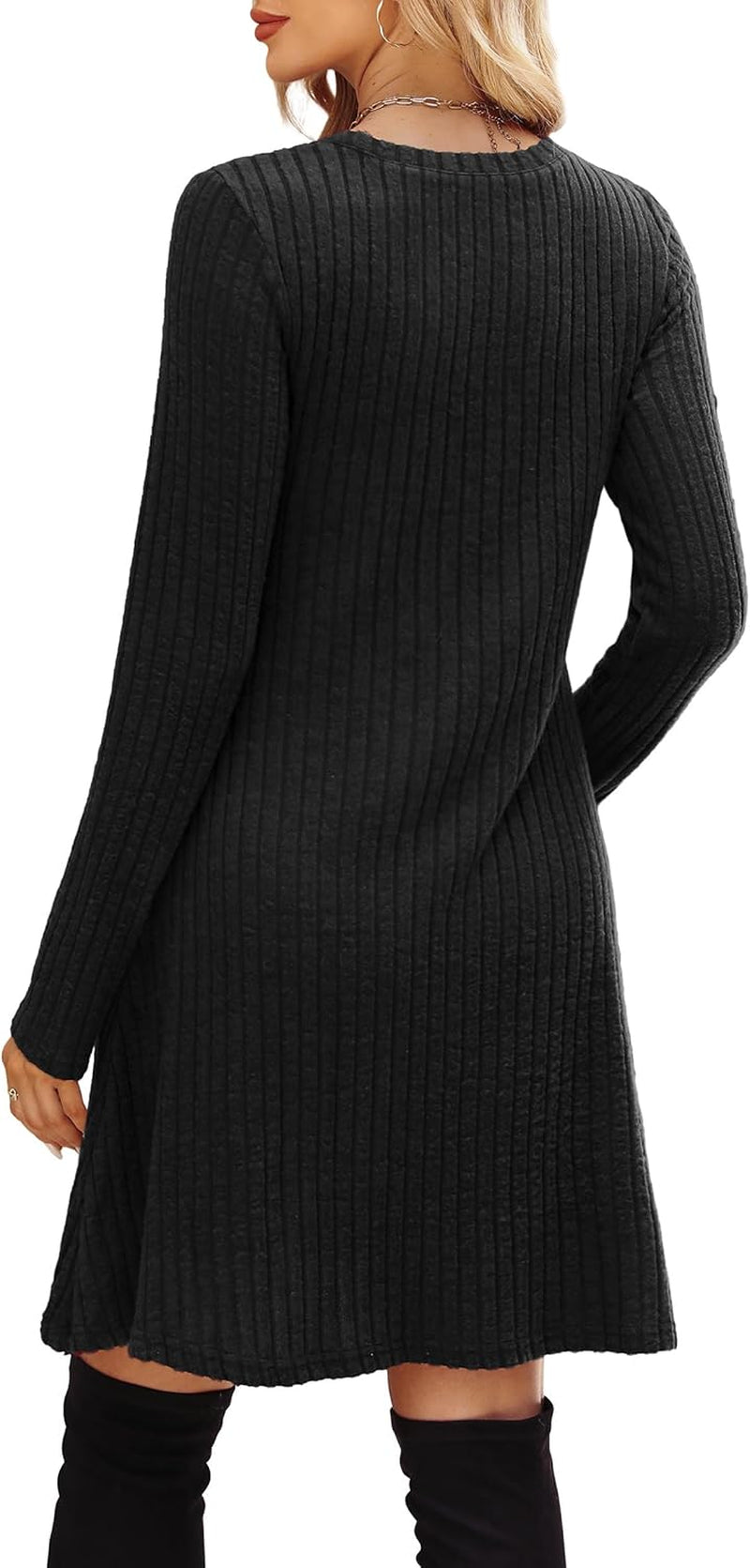 Long Sleeve Dress for Women Crew Neck Empire Waist Tunic Dress with Pockets