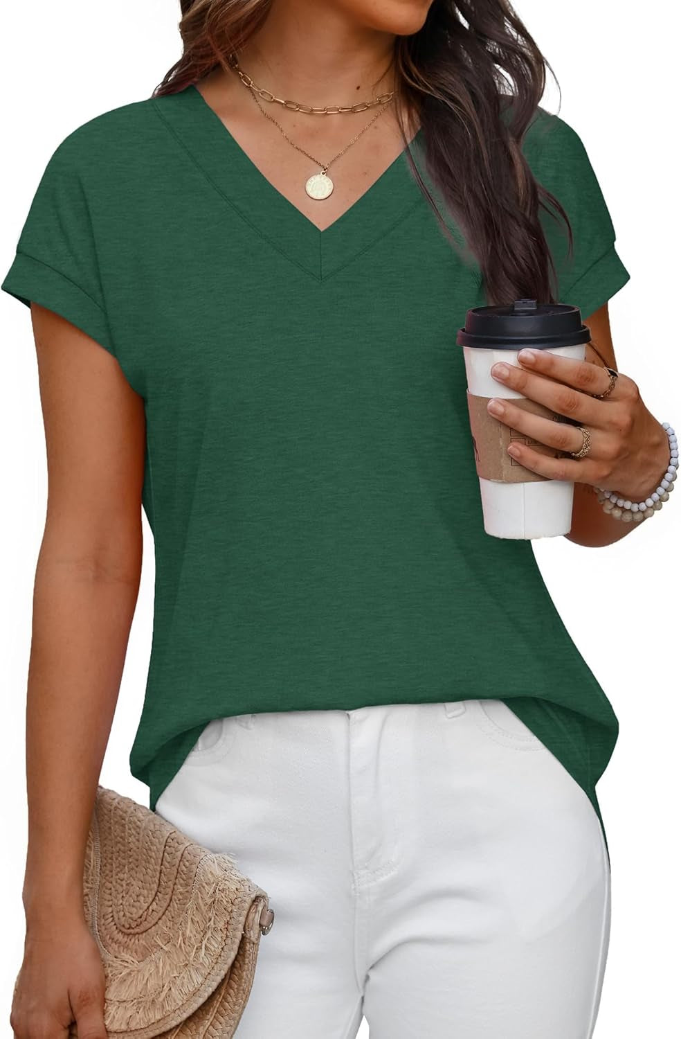 Womens T Shirts V Neck Cap Sleeve Summer Tops Basic Women Blouses Beach Vacation Spring Clothes