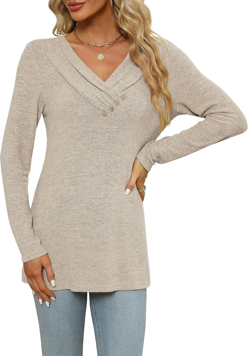 Women'S Fall Long Sleeve Tunic Tops for Leggings V Neck Button Casual Blouse Sweatshirt