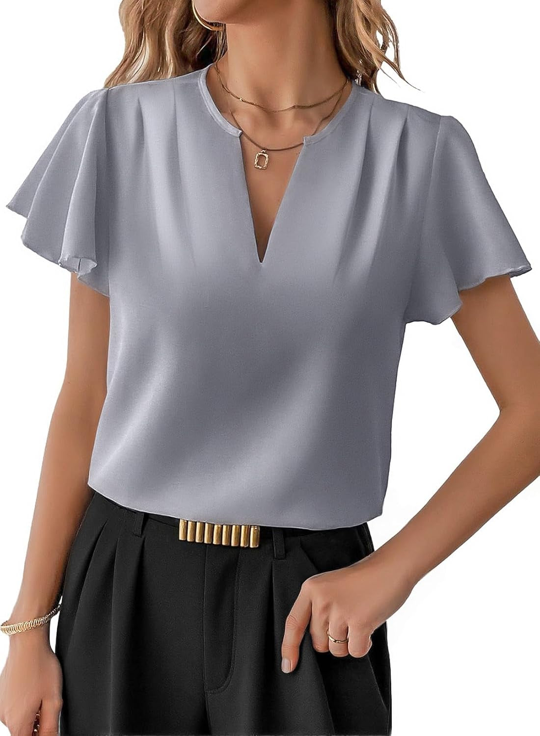 Blouses for Women Dressy Casual Summer Ruffle Short Sleeve V Neck Work Tops Busines Office Shirts
