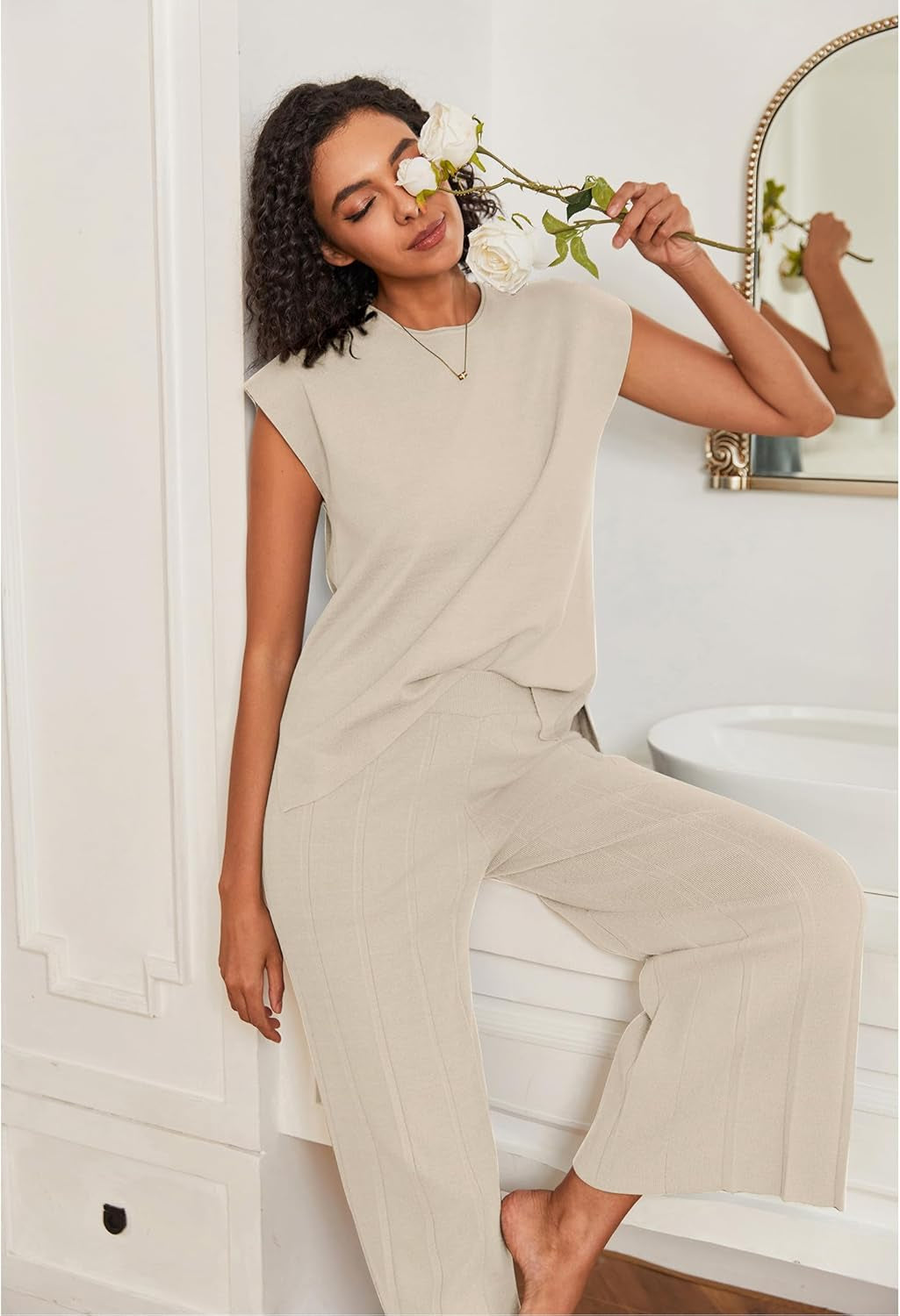 Lounge Sets for Women Two Piece Outfits Knit Cap Sleeve Tops Wide Leg Pleated Pants Casual Dressy Sweater Sets