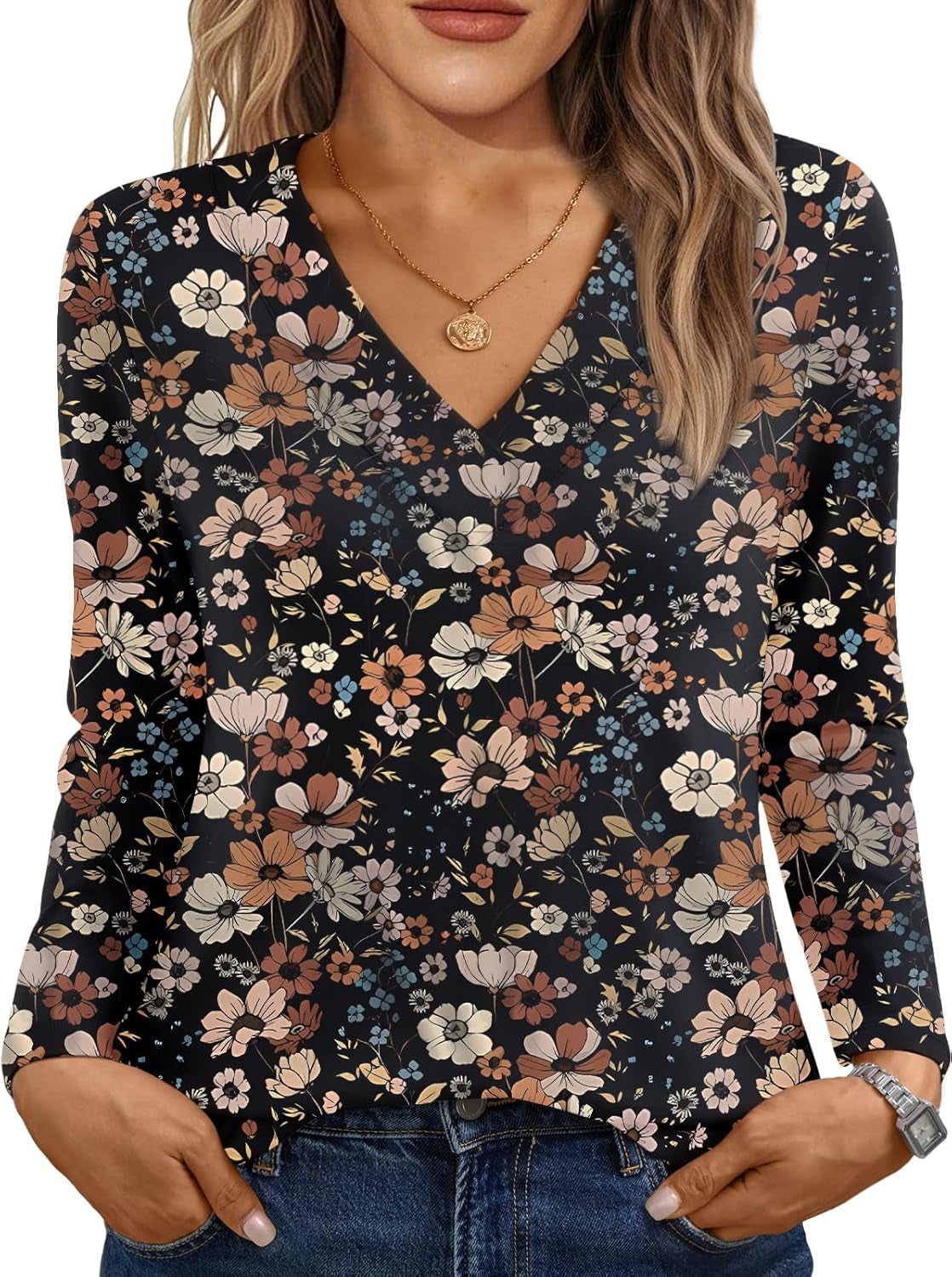 Long Sleeve Shirts for Women Tops V Neck Casual Top Comfortable Shirt Soft Basic Tees Women Blouses