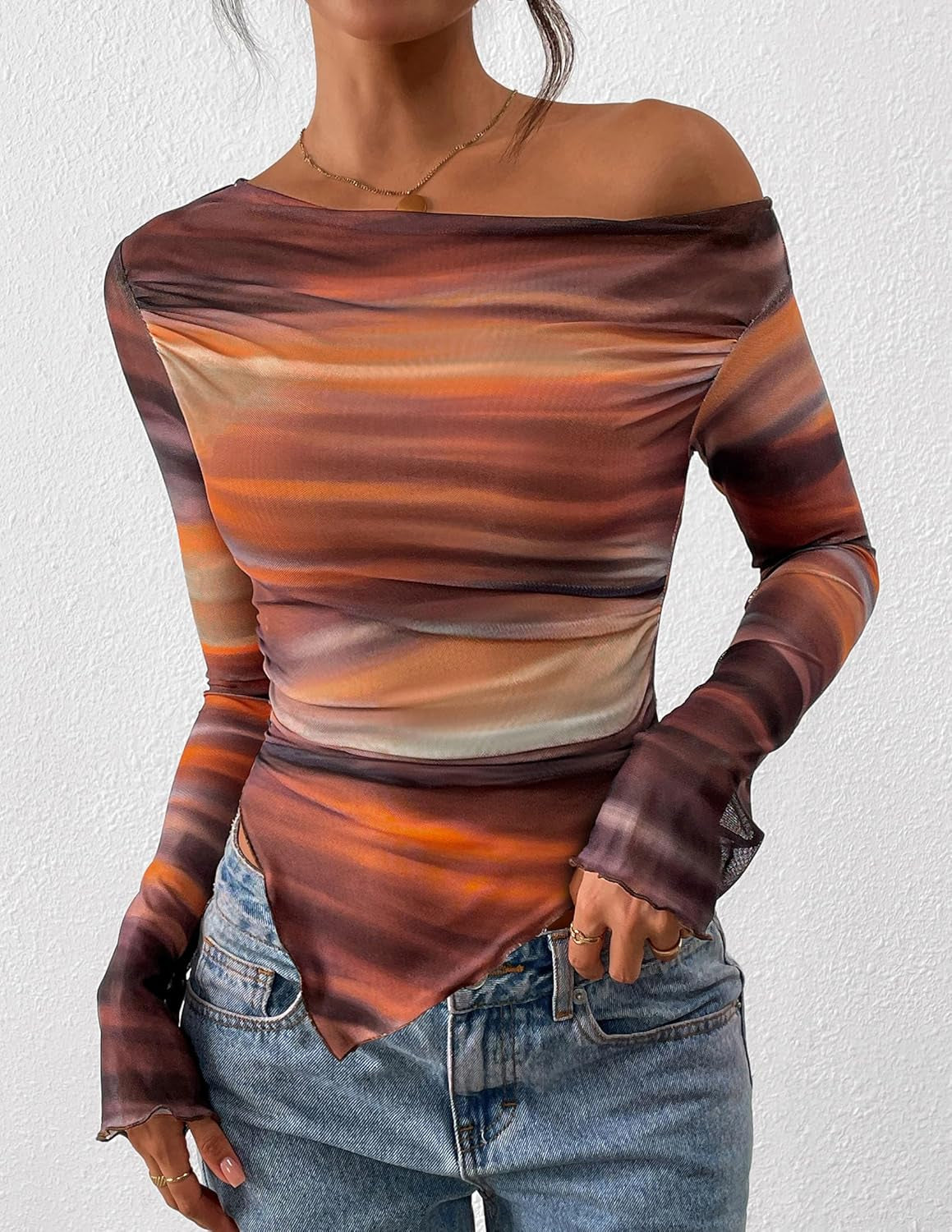 Womens Fall Trendy off Shoulder Y2K Tops 2026 Tie Dye Mesh Long Sleeve Shirts Asymmetrical Ruched Floral Blouse