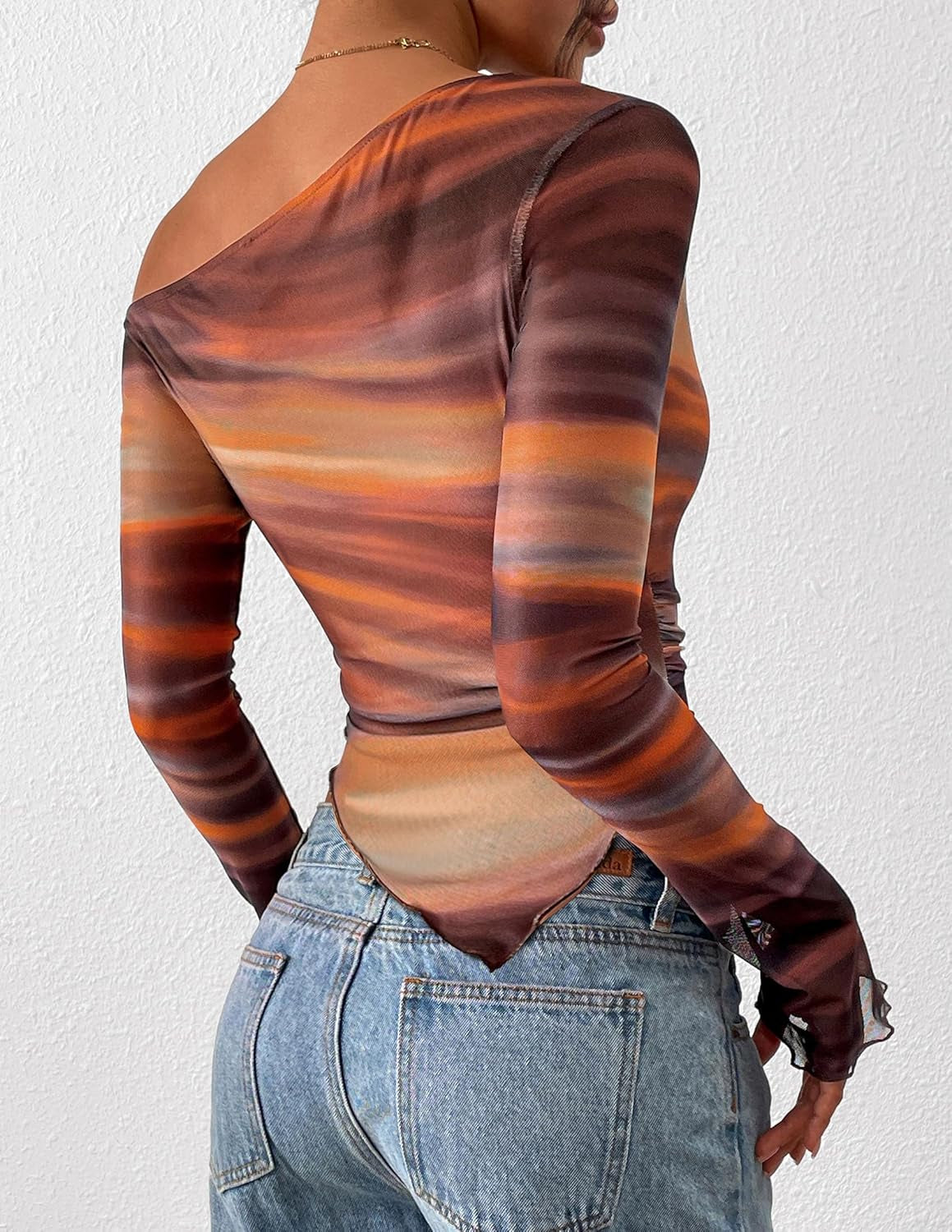 Womens Fall Trendy off Shoulder Y2K Tops 2026 Tie Dye Mesh Long Sleeve Shirts Asymmetrical Ruched Floral Blouse
