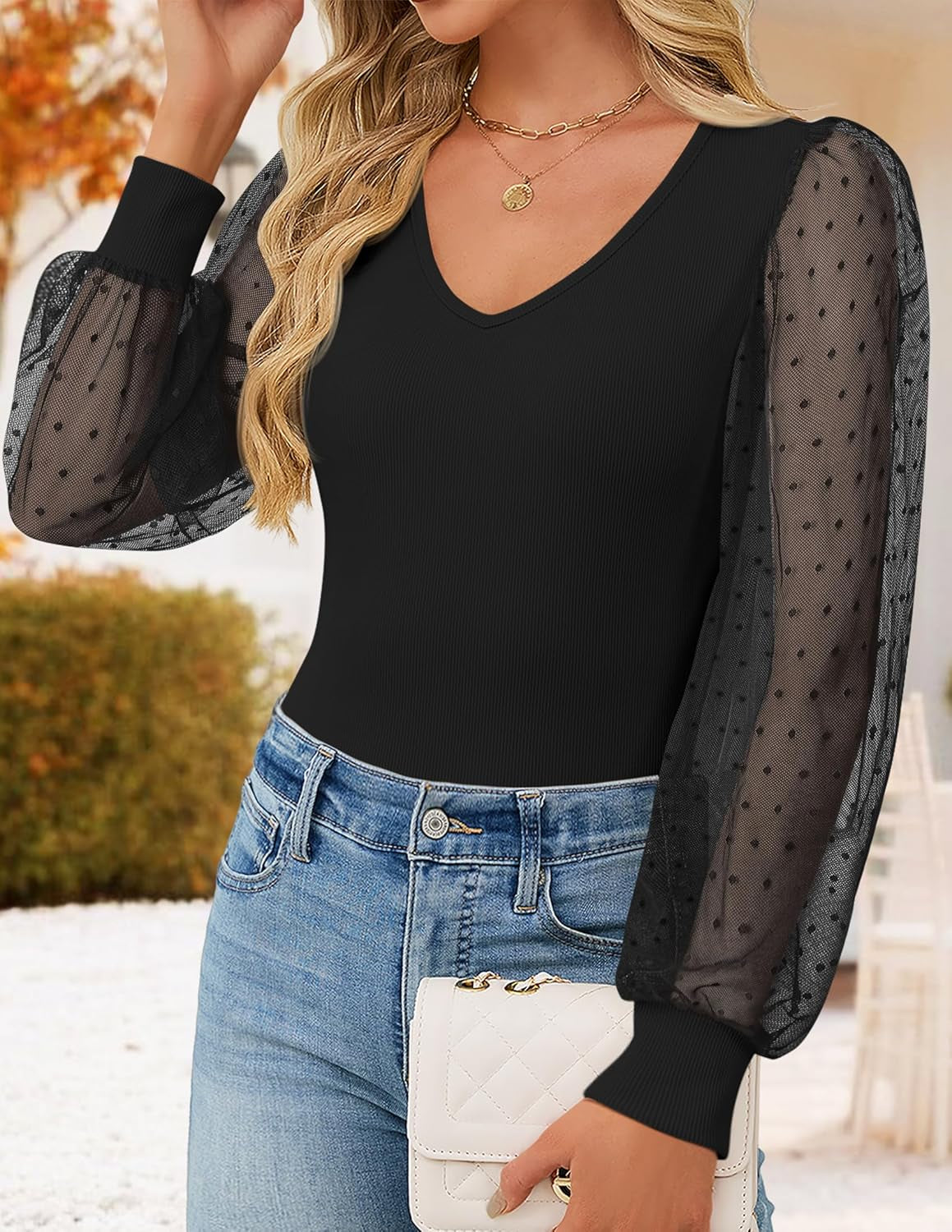 Women'S Mesh Puff Long Sleeve Shirts 2026 Spring Fall V Neck Ribbed Knit Sexy Going Out Tops Casual Work Blouse