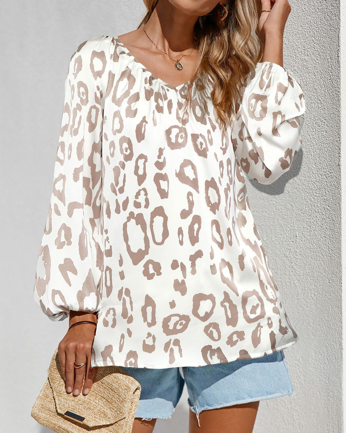 Women'S Summer Tops Dressy Casual 2025 V Neck Satin Silk Printed Shirts Boho Long Sleeve Work Blouses