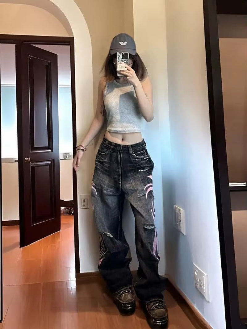Unisex Y2K Streetwear Baggy Jeans Retro Totem Print Goth Pants High Waisted Wide Leg Harajuku Hip-Hop Style