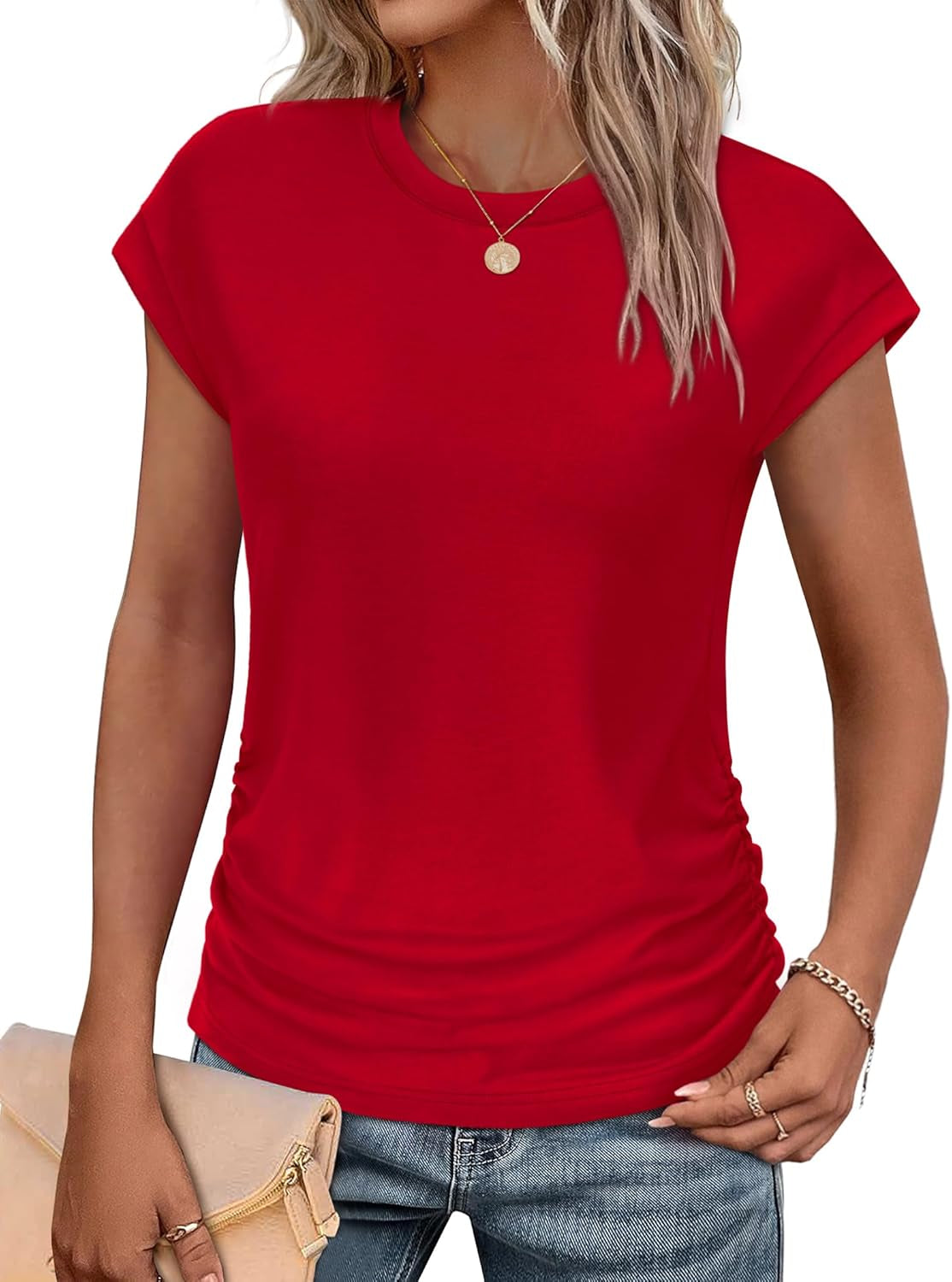 Womens Summer Tops Trendy 2025 Ruched Cap Short Sleeve Tshirts Shirts Crew Neck T Shirts Fashion