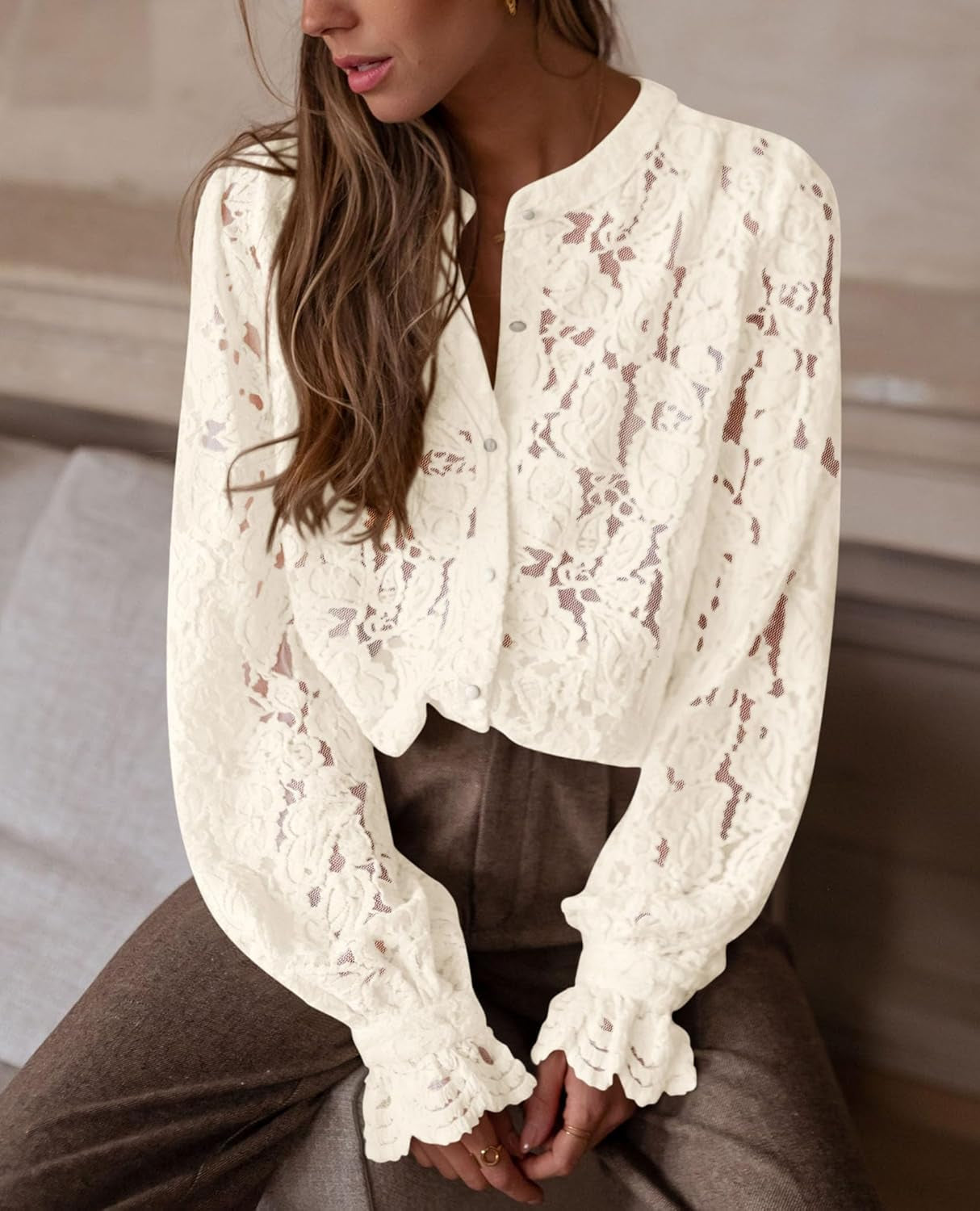 Women'S Dressy Casual Lace Blouse Long Sleeve Button up Shirts Tops Spring Fall Fashion Clothes