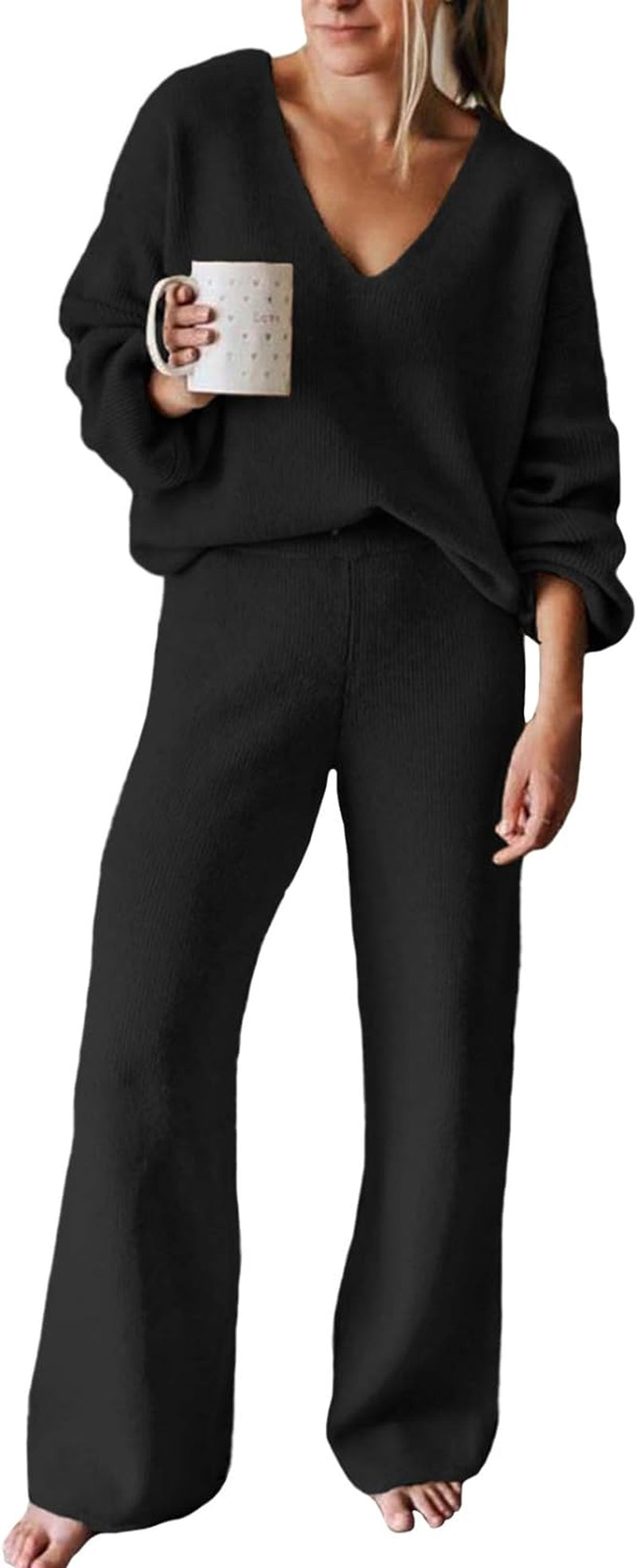 Women'S 2 Piece Outfits Casual V Neck Knit Wide Leg Sweater Lounge Set Sweatsuit