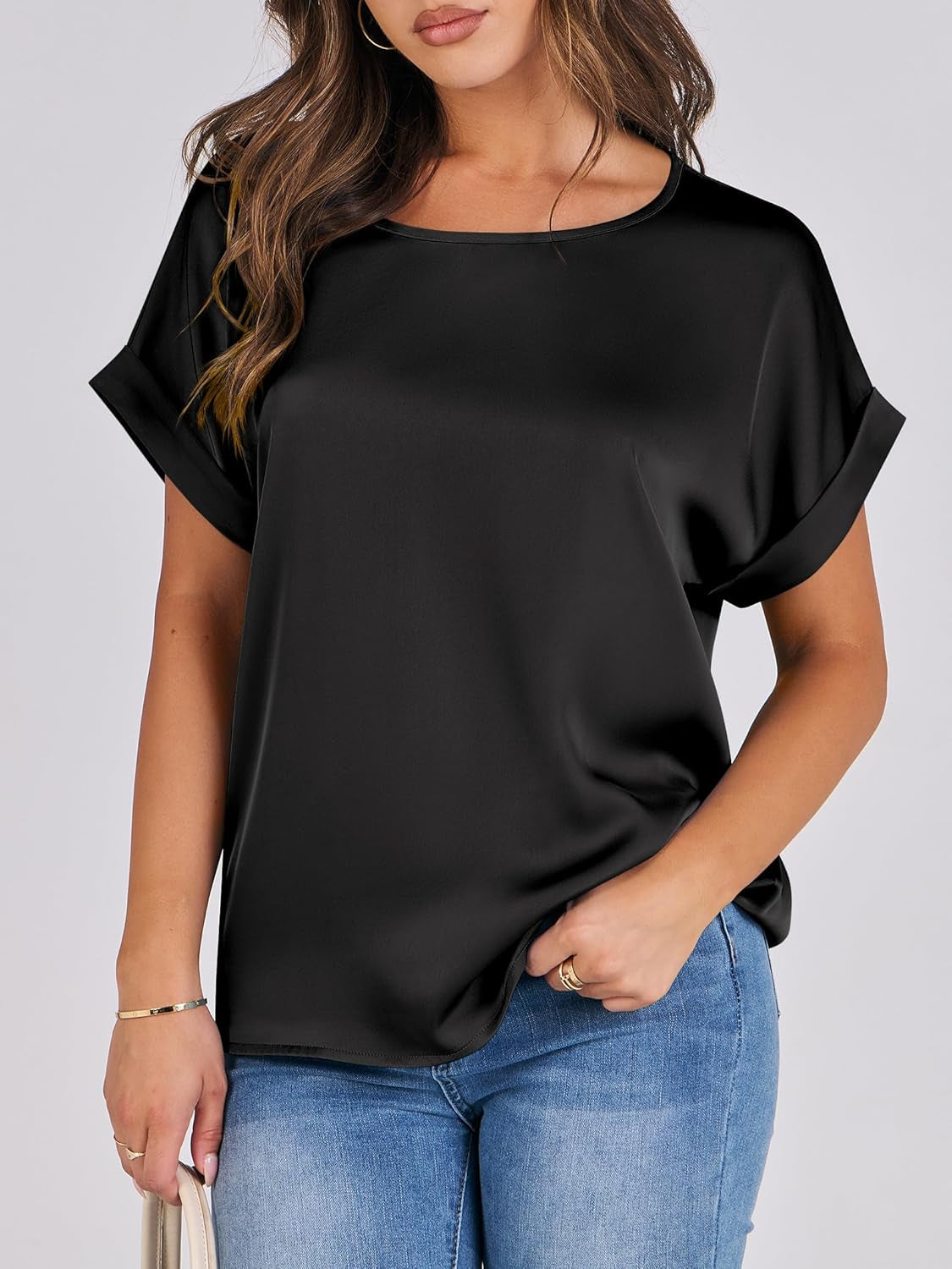 Women'S Summer Dressy Casual Short Sleeve Shirts Crewneck Satin 2025 Business Office Work Blouse Tops