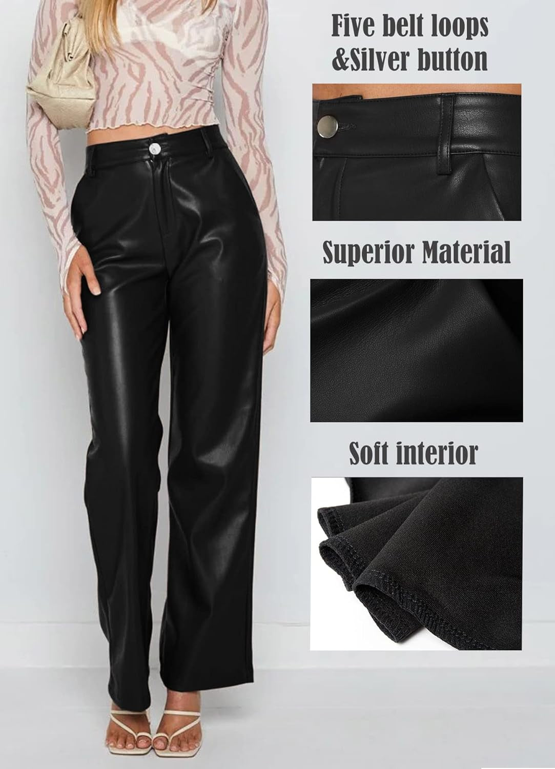Women Faux Leather Pants PU High Waist Straight Leg Pant with Pockets Leather Leggings Bell Bottom Flare Pants