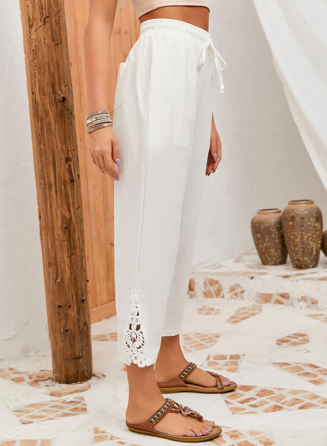 Women Casual Lightweight Drawstring Elastic Waist Pants with Pockets, S-XXL