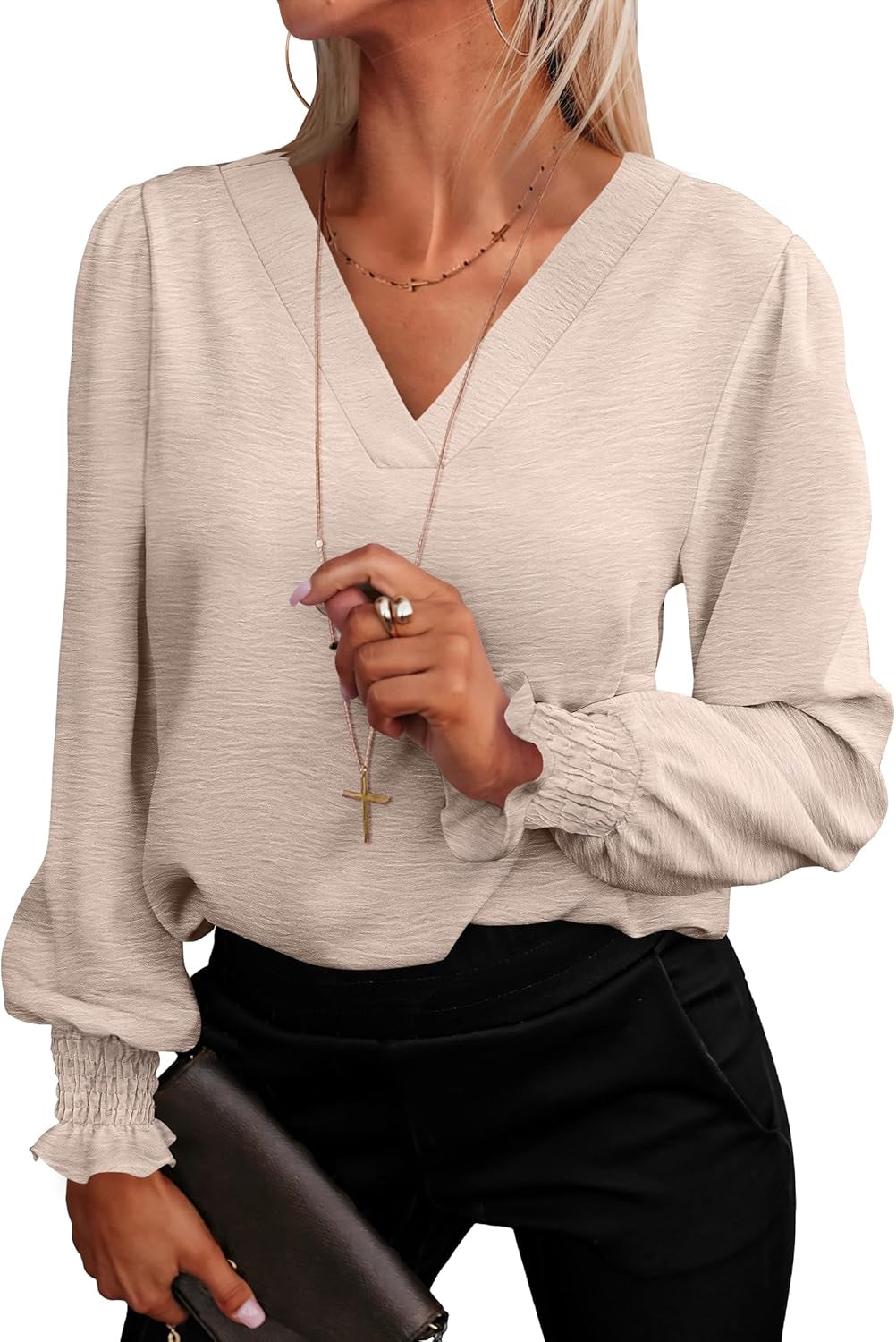 Women'S Business Casual Tops V Neck Puff Long Sleeve Shirts Dressy Office Work Blouse 2026 Fall Outfits Clothes