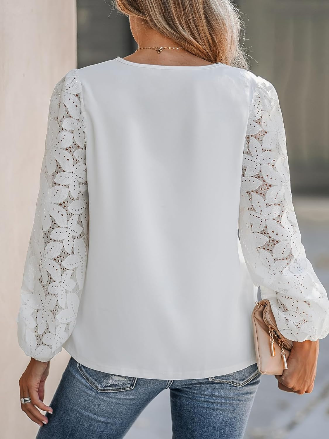 Women Lace Elegant Blouse Long Sleeve Eyelet V Neck Dressy Party Floral Tops Scalloped V Neck