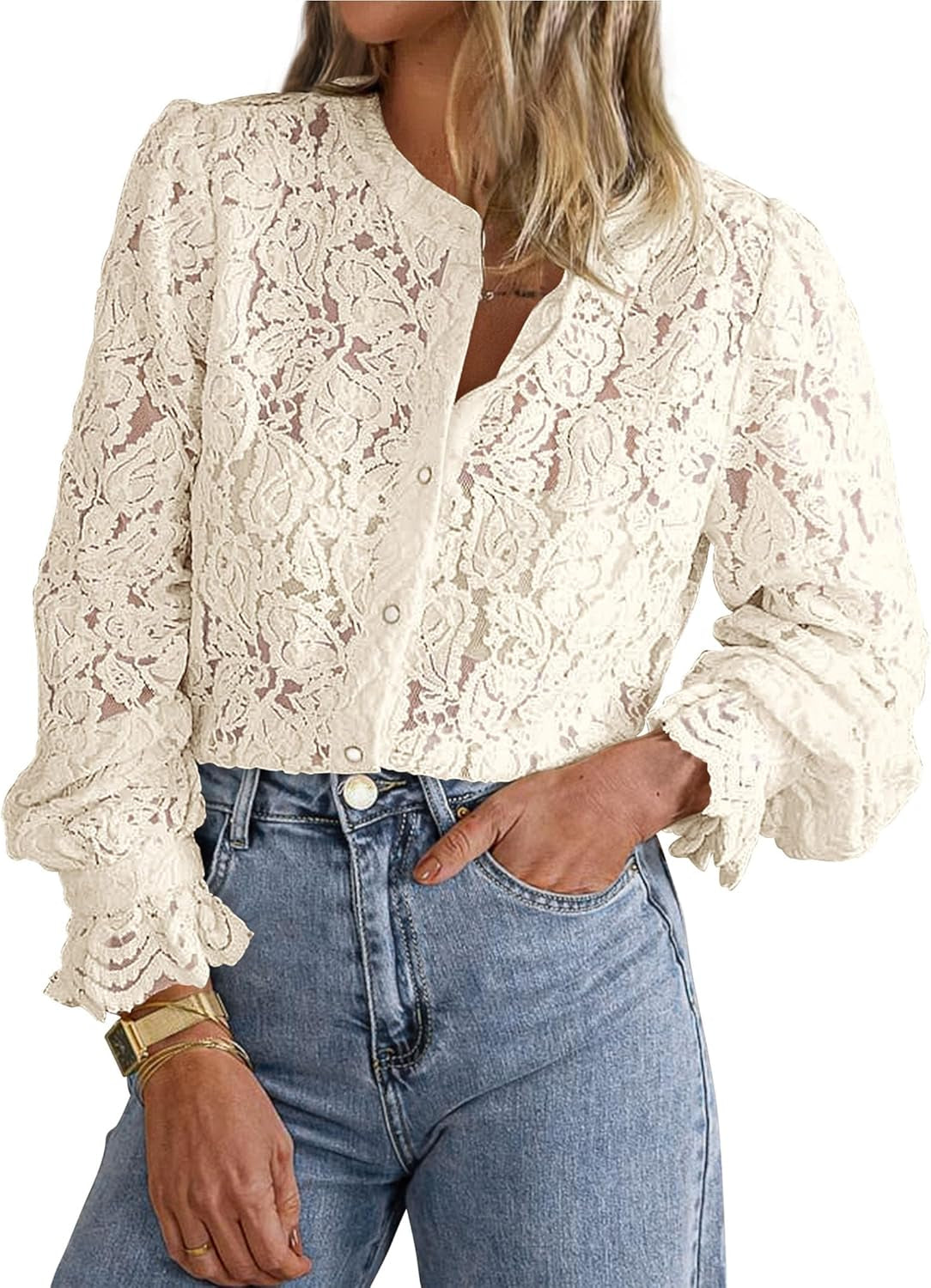 Women'S Dressy Casual Lace Blouse Long Sleeve Button up Shirts Tops Spring Fall Fashion Clothes