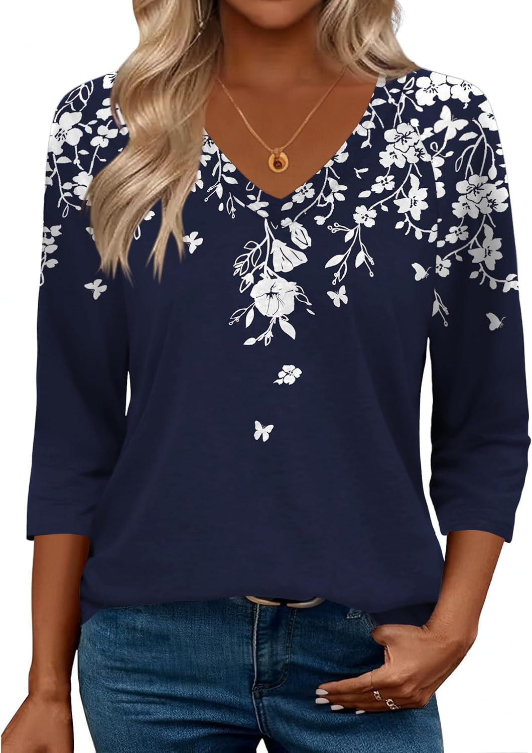 3/4 Length Sleeve Womens Tops Casual V Neck Shirts Soft Basic Tees Business Work Blouses